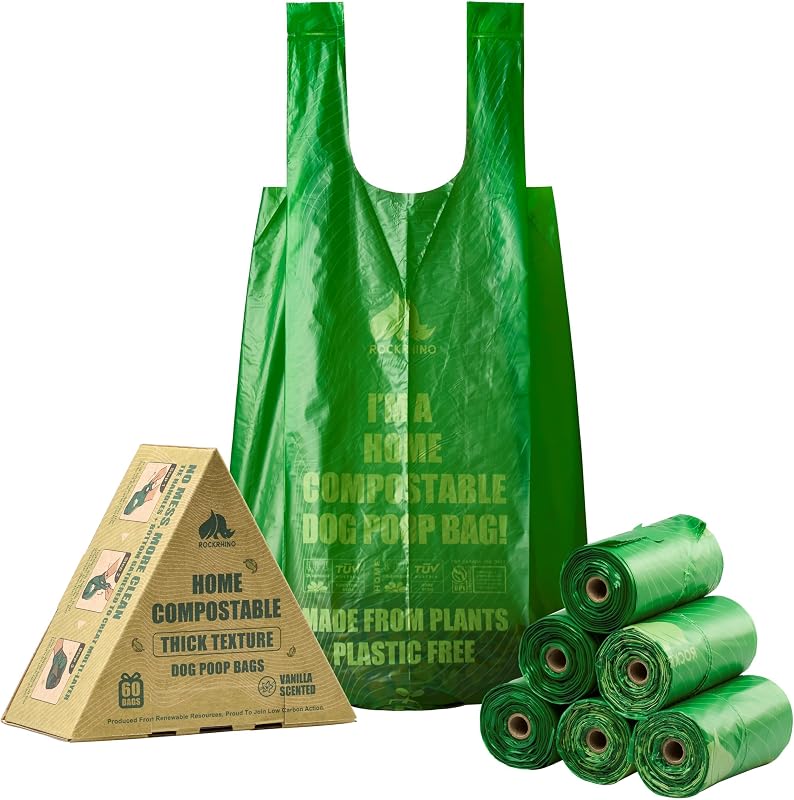 Bolsas compostáveis extragrandes para fezes de cães RockRhino, com alças, espessas e aroma de baunilha — 60 unidades