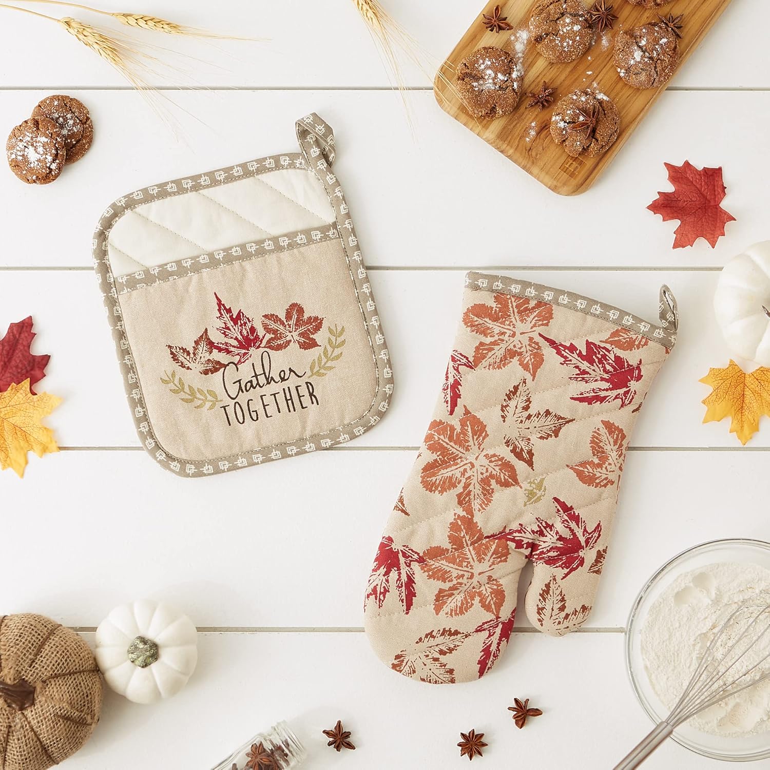 Rustic Leaves Cotton Oven Mitt and Pot Holder Set