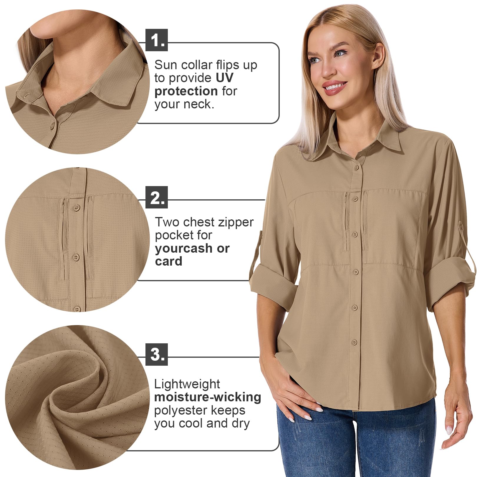 Shirts T-shirt UV UPF 50+ Safari Kleidung Wanderbluse Damen Hemdbluse Outdoor atmungsaktiv Quick Dry Sonnenschutz Langarmshirt Bluse