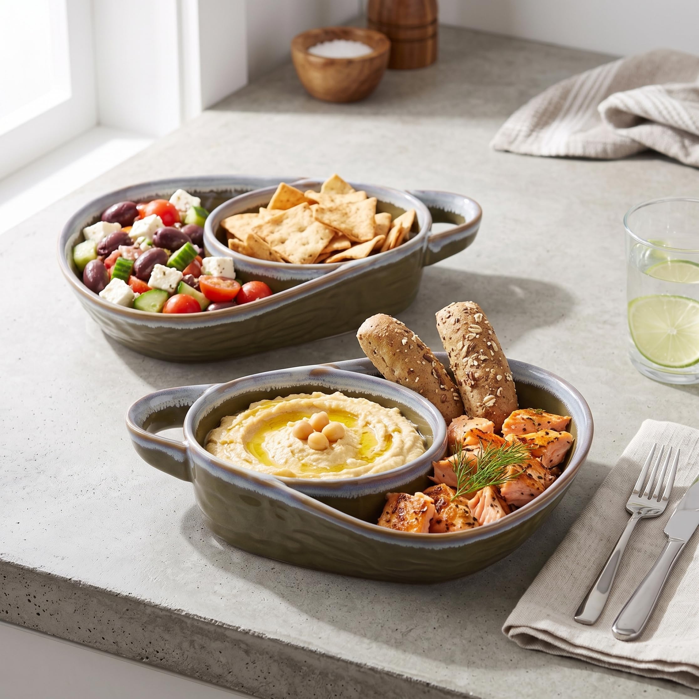 Ensemble d'assiettes à soupe et à Sandwich 2 pièces, bols soupe en céramique divisés avec poignée