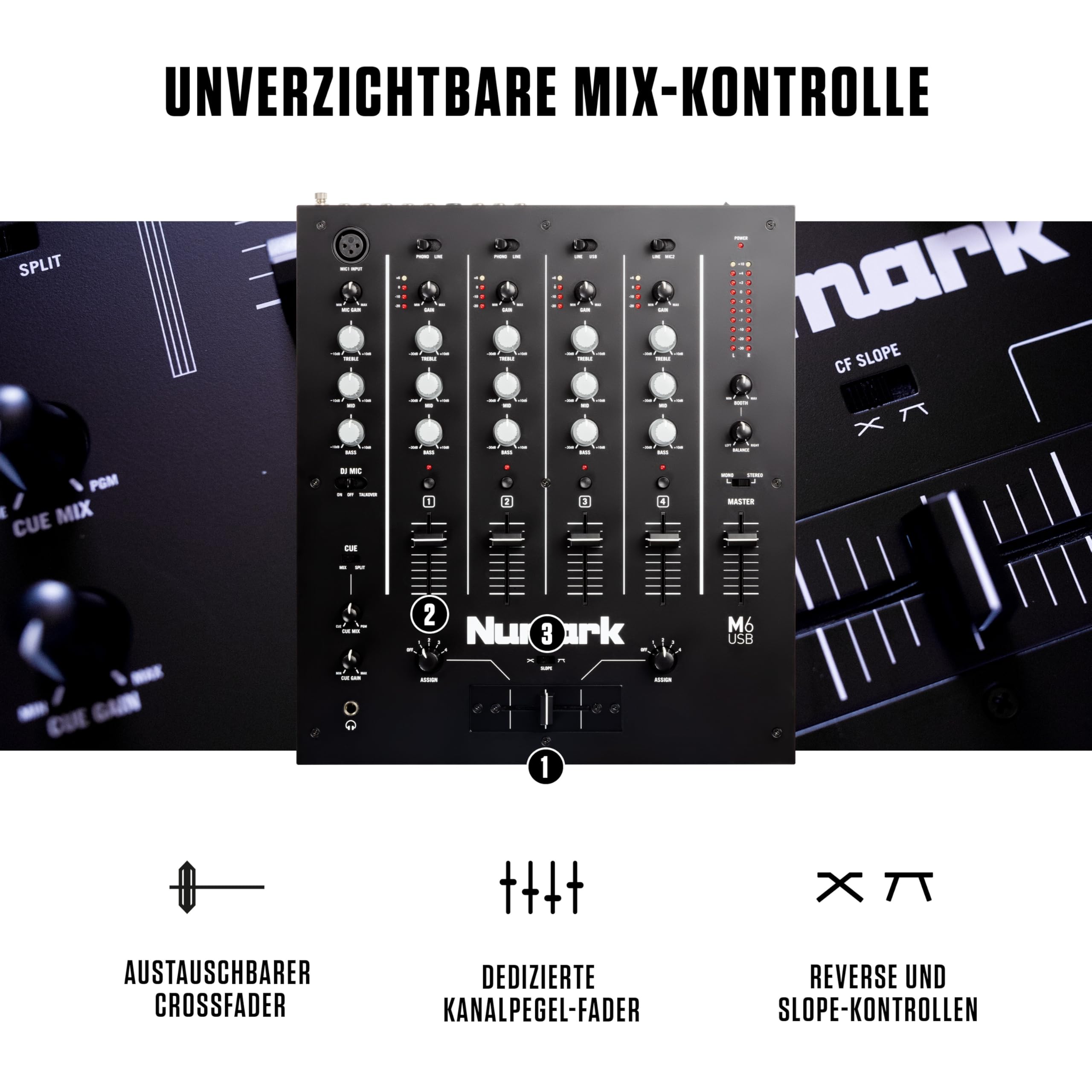 Numark M6 USB - 4-Kanal DJ-Mixer mit integriertem Audio Interface, 3-Band EQ, Mikrofoneingang und austauschbarem Crossfader mit Slope-Kontrolle