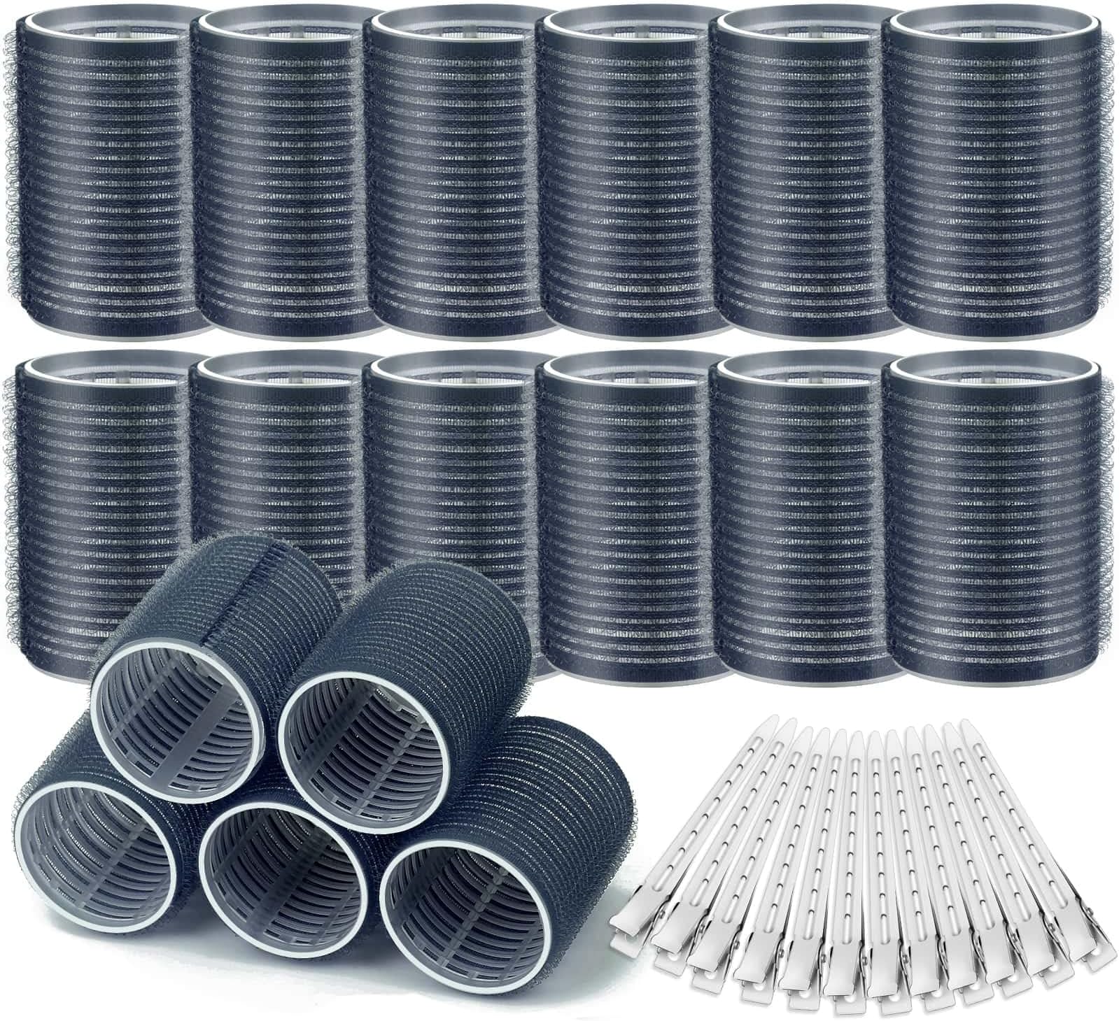 Acejoz Hair Rollers, 12Pcs Large Self Grip Hair Rollers with 12Pcs Stainless Steel Duckbill Clips, for Long Medium Thick Hair Volume (Navy Blue)