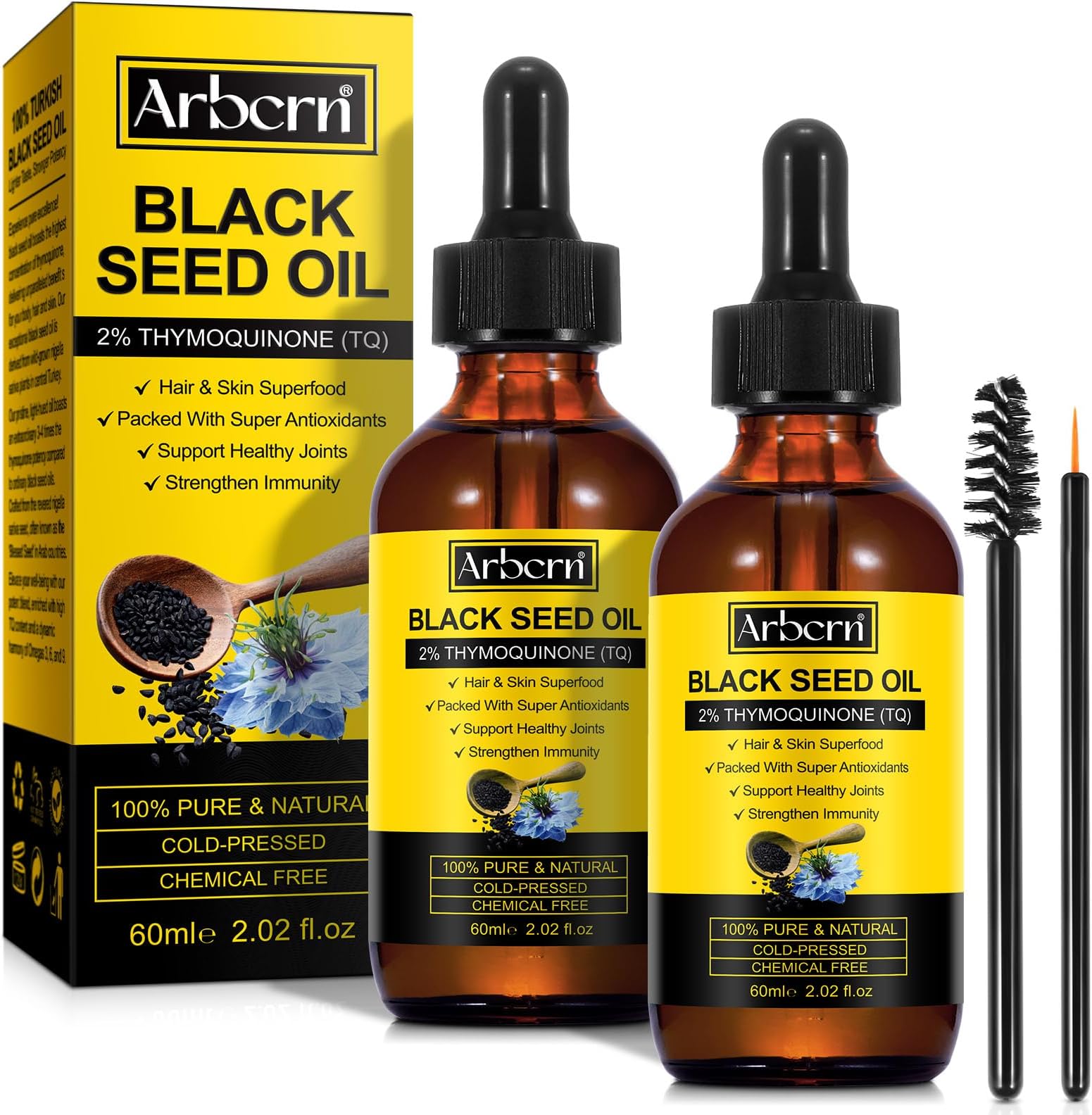 - 2 Pack Black Seed Oil Organic Cold Pressed,100% Pure & Natural Liquid Black Seed Oil Cold Pressed Glass Bottle 60ML for Skin Cares, Nourishes and Hydrates Hair