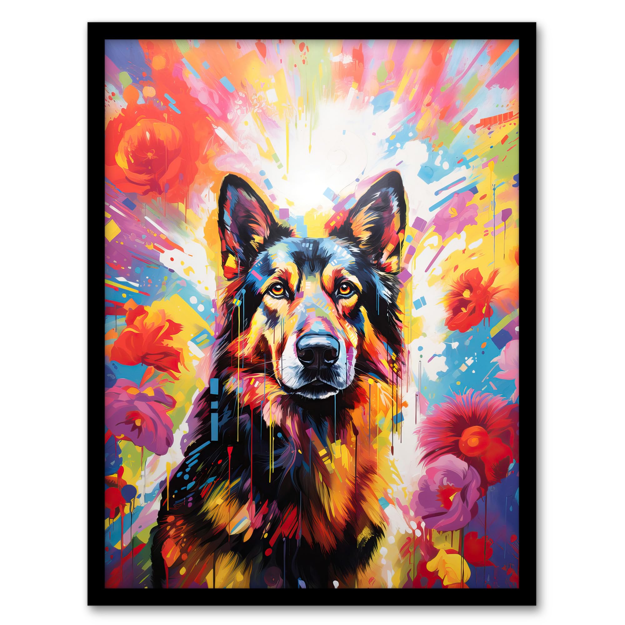 German Shepherd Dog Pet Portrait Colourful Bright Painting Wall Art Poster Print