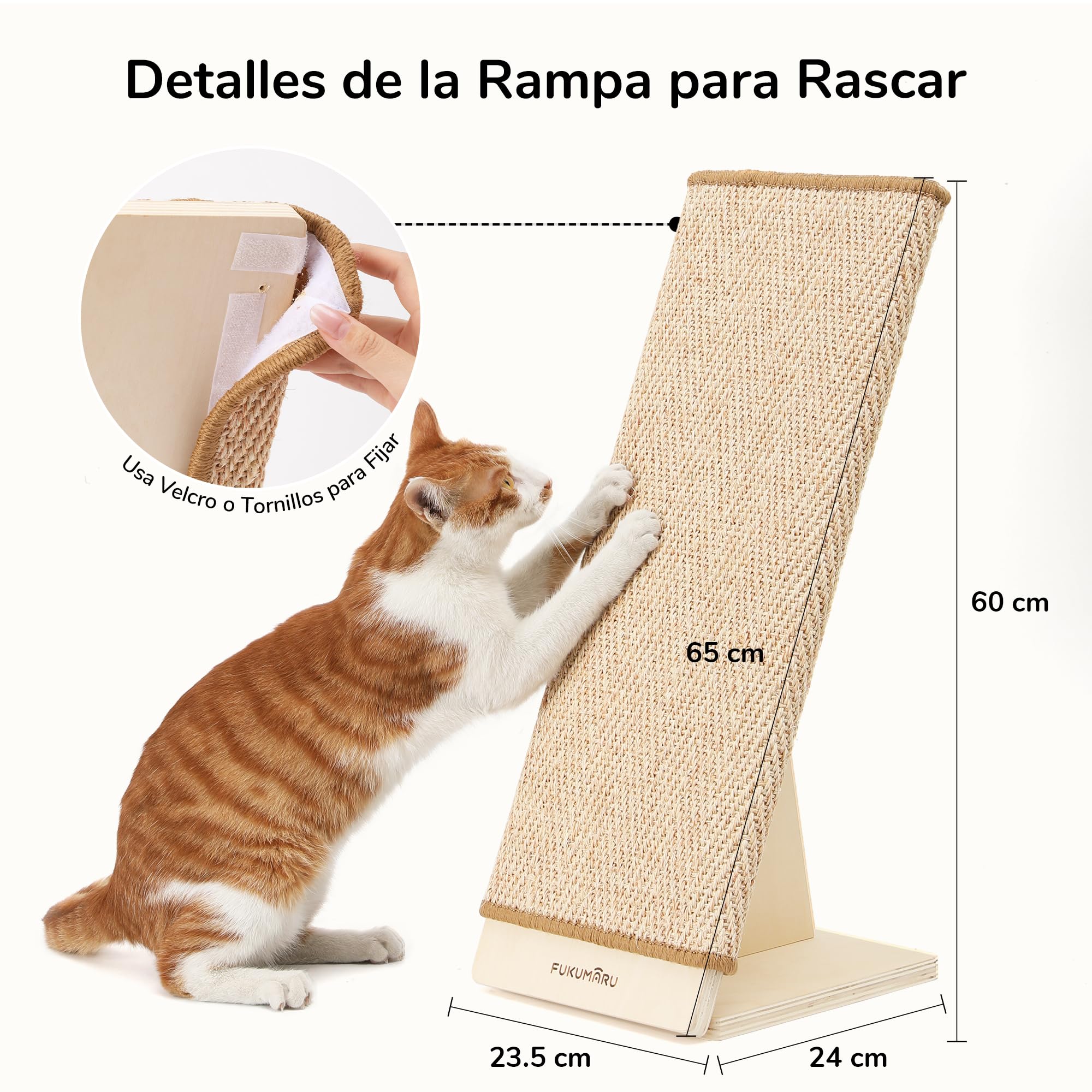 FUKUMARU Rascador para Gatos, 65 cm, Columna rascadora de sisal Natural con rampa, Alfombrilla Intercambiable, Marco de Madera Resistente en Forma de L, protección contra arañazos para Gatos