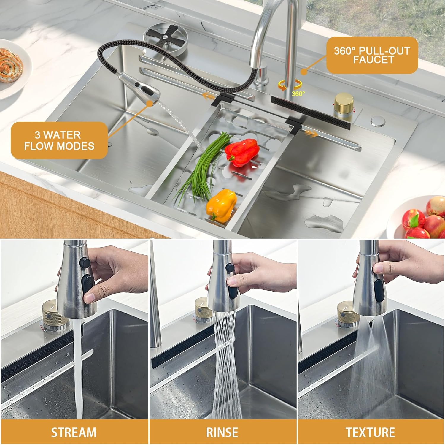 Mocoloo 33 Inch Honeycomb Waterfall Kitchen Sink - 33x19 Drop In Ledge Workstation 16 Gauge Stainless Steel Single Bowl Modern Sink with Faucet Combo and Built-in Accessories