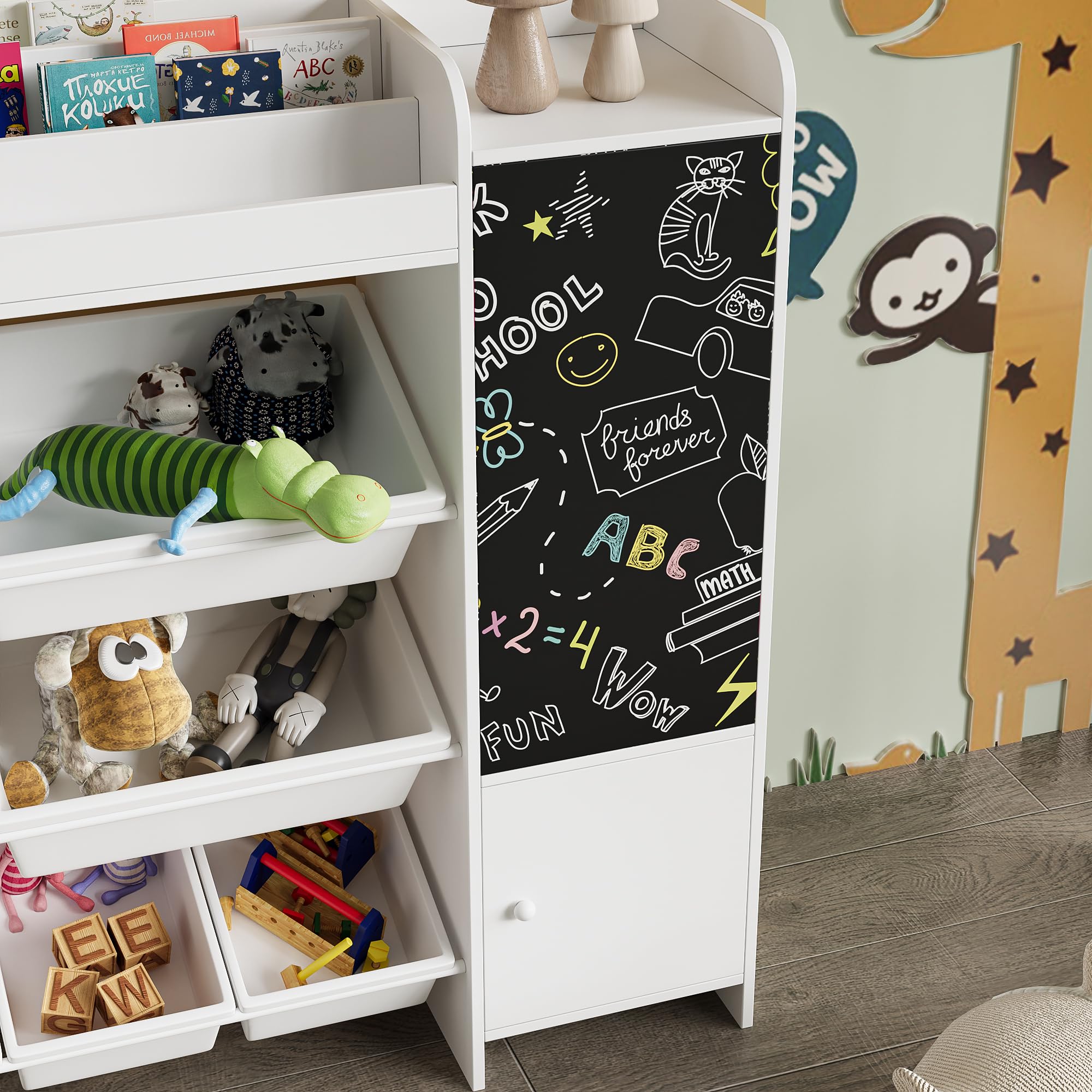 PerGar Bücherregal Kinder, Spielzeug-Organizer, Multifunktionale Ablage mit 8 Aufbewahrungsboxen, mit Tafel, Aufbewahrung von Büchern & Spielzeug im Kinderzimmer, Weiß, 137×94.5×30cm