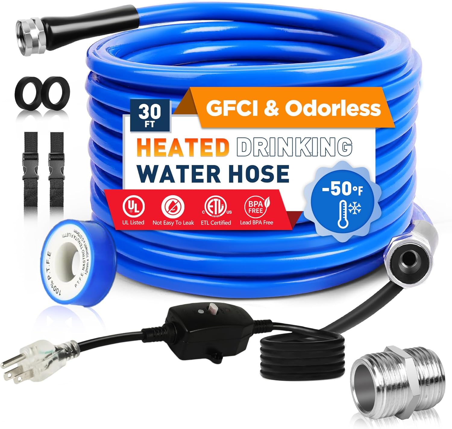 30 FT Heated Drinking Water Hose, -50F(-46C)Heated Water Hose for RV with Leakage Protection for 5/8" Inner, Self-Regulating Hose Water Heater with 3/4" NH Fittings for RV & Garden