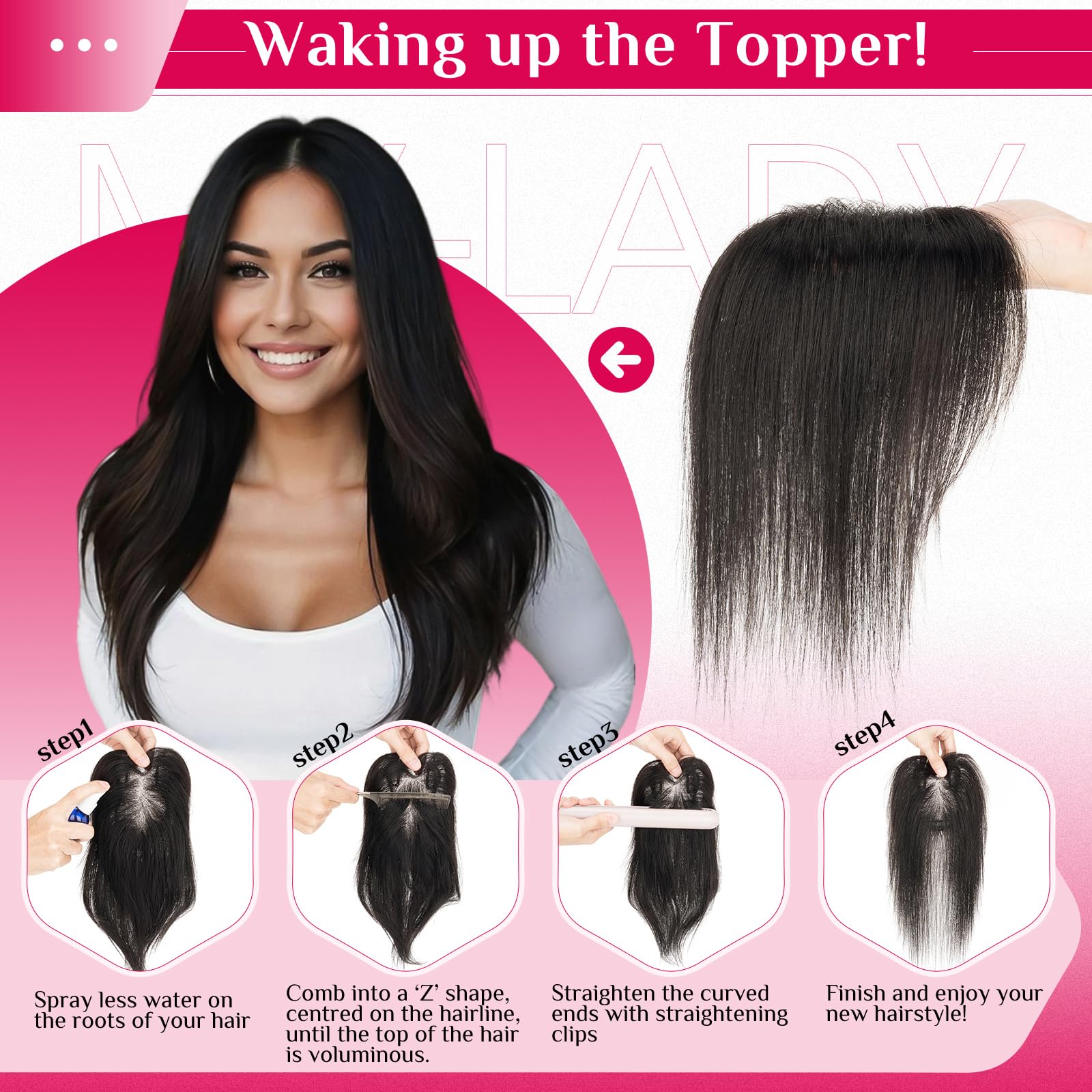 MY-LADY Topper Cabello Humano Mujer, Flequillo Postizo Pelo Natural, Marrón Chocolate 21g