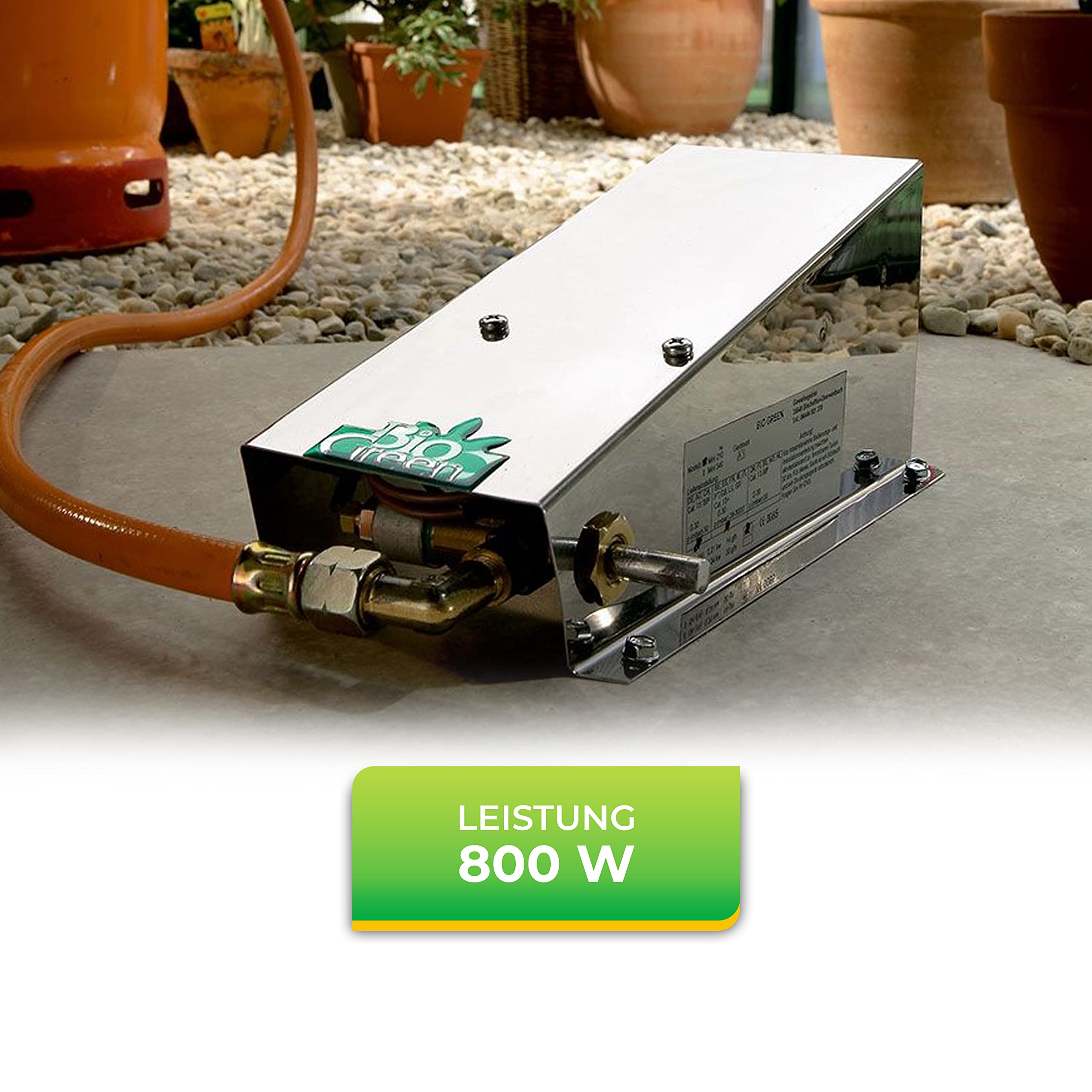 BioGreen Gas-Gewächshausheizung „Frostwächter Mini“ mit 800 Watt | für Gewächshäuser bis 6 m² | Thermo-Sicherung | Edelstahl | L 19 x B 12 x H 9 cm