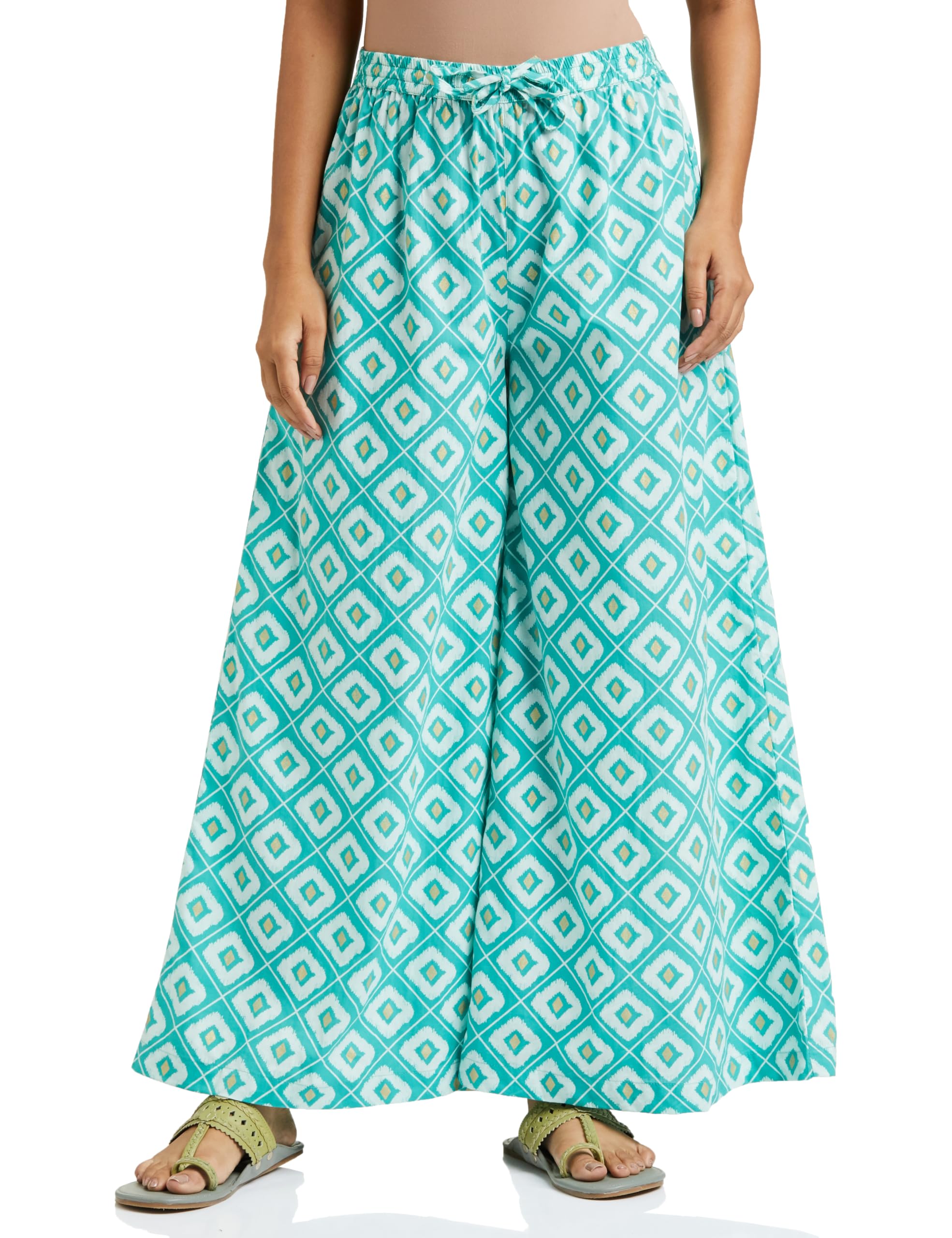 amazon brand - myx Women's Relaxed Cotton Flared Palazzo (AW22MYX14_Teal Ikat_S)-picture-14