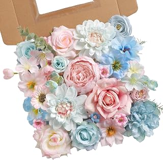 rongflower Silk Artificial Flowers Combo Set - 35 Fake Rose Heads + 12 Leaves in Blue Pink for DIY Wedding Bouquets, Centerpieces, Home Decor