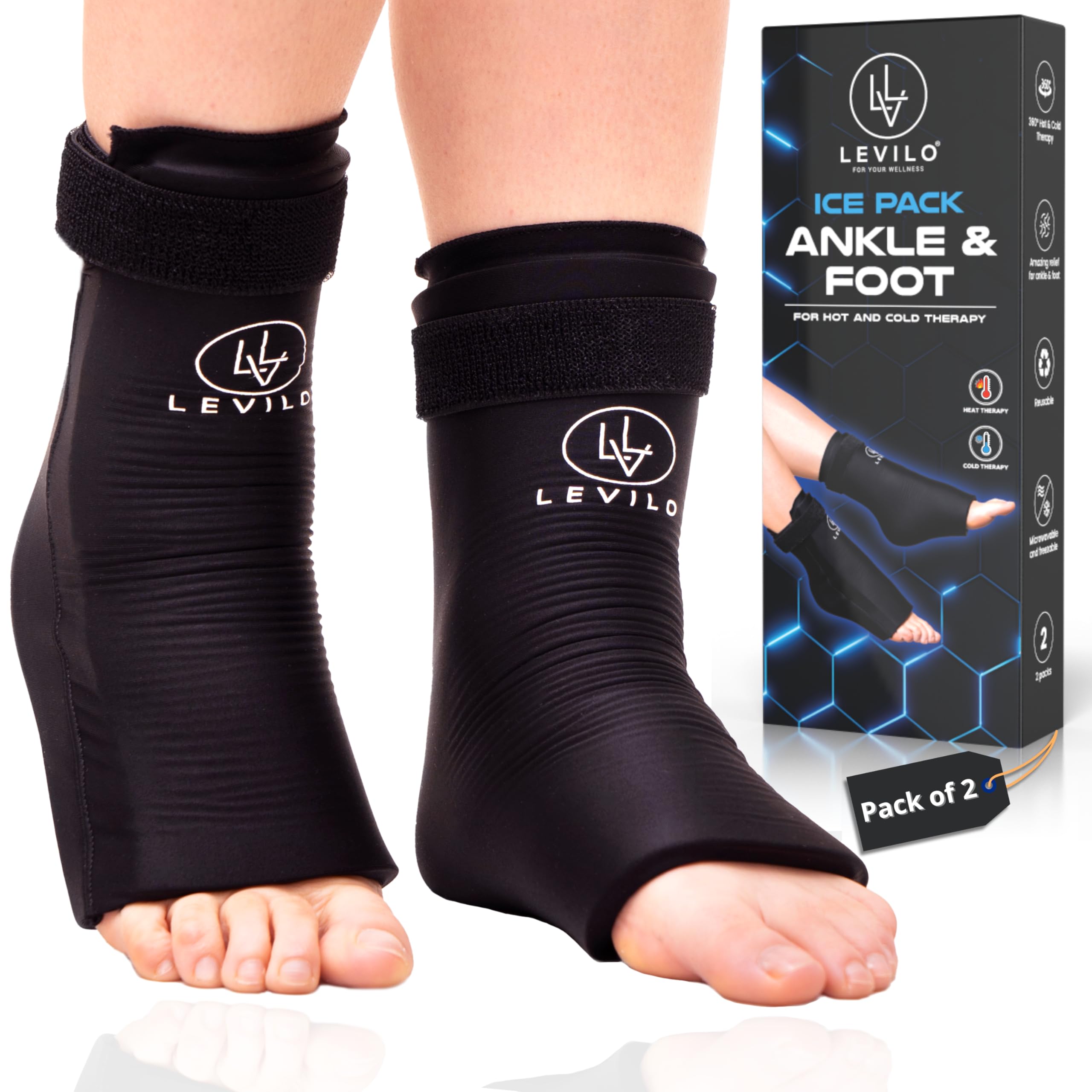 LEVILO Foot and Ankle Ice Pack (2 Packs) Ankle Ice pack Wrap for Swelling, Gel Ice Packs Reusable for Achilles Tendonitis Relief, Injuries, Plantar