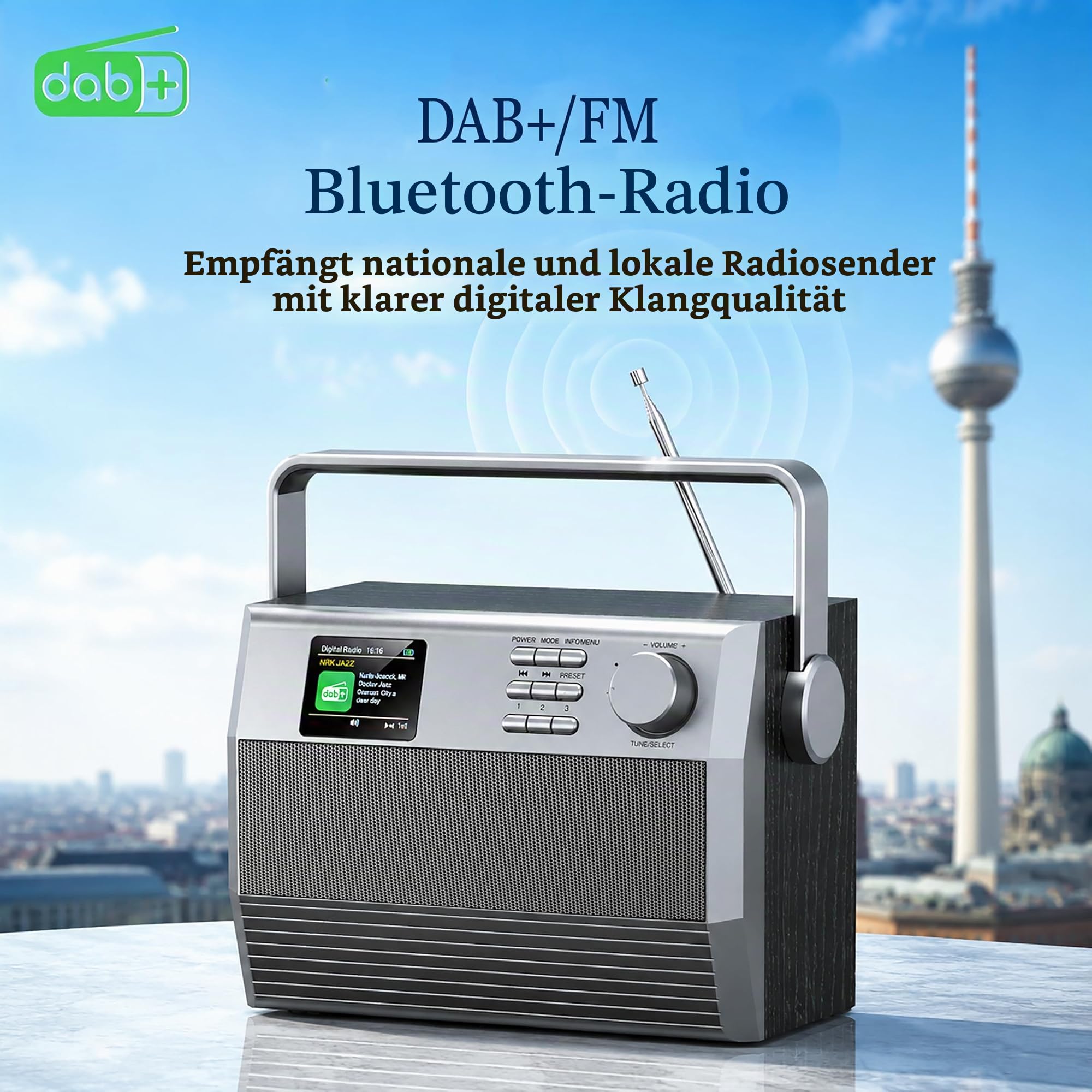 DAB+/UKW Radio mit Bluetooth & Freisprechfunktion, 6W RMS Stereo Küchenradio mit Farbdisplay, dualem Wecker, Sleep-Timer & AUX – Tragbarer Holz-Radiowecker, Multifunktionales DAB Plus Radio