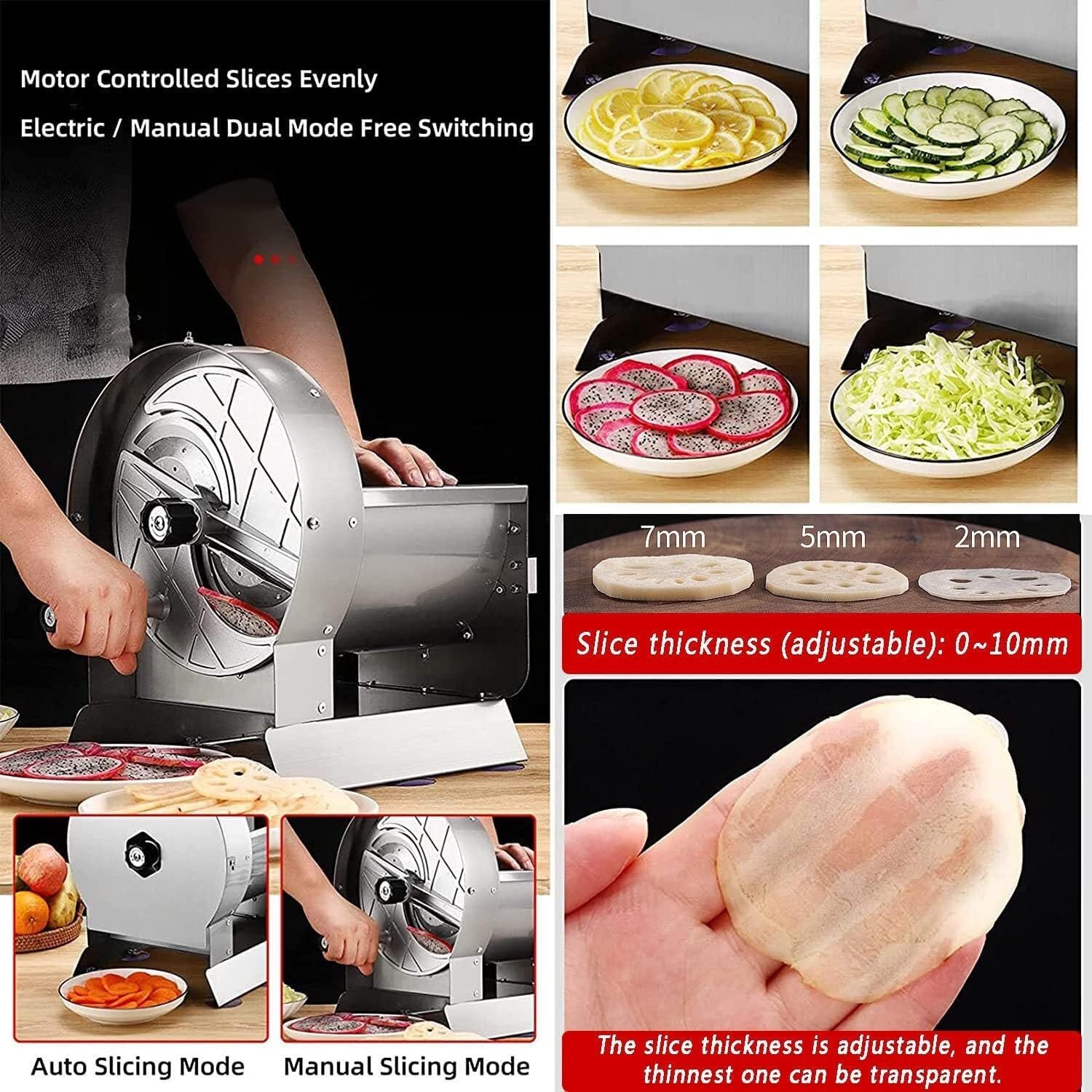 Electric Vegetable Slicer, Commercial Fruit Slicer, 0-10mm Adjustable Thickness, Stainless Steel Cutter, Food Slot Size 25x13cm, Convertible to Manual, Suitable for Potatoes, Lemons, Tomatoes