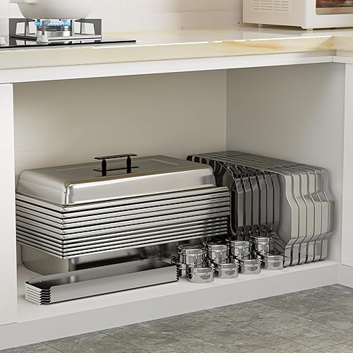 Miniatura 9 de IMACONE Juego de 6 platos de bufé de roce de acero inoxidable de 8 cuartos de galón rectangulares y calentadores de buffet para catering, con