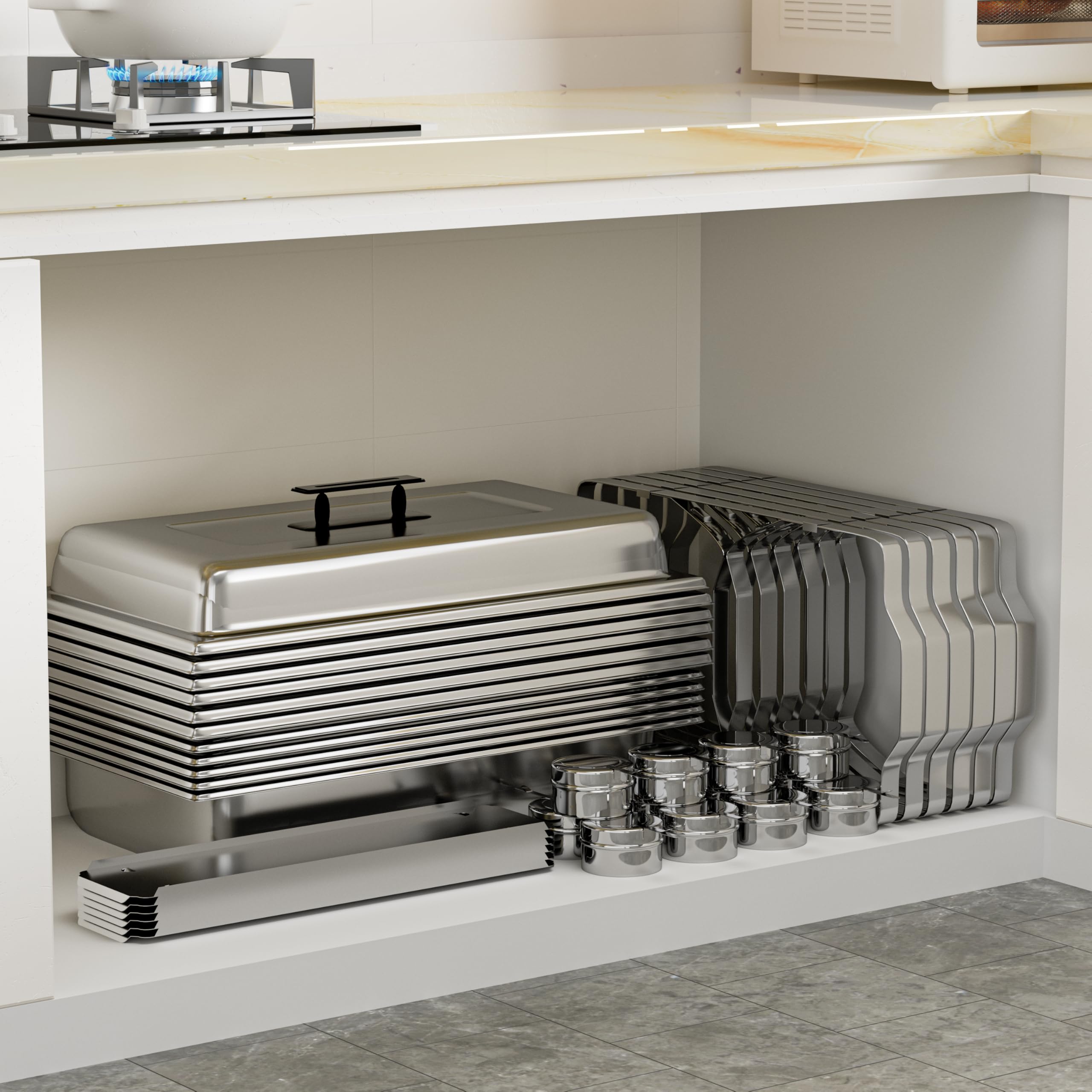 IMACONE Juego de 6 platos de buffet de acero inoxidable de 8 cuartos de galón y calentadores de buffet para catering, con bandeja de alimentos y agua, tapa, marco plegable, soporte de combustible para