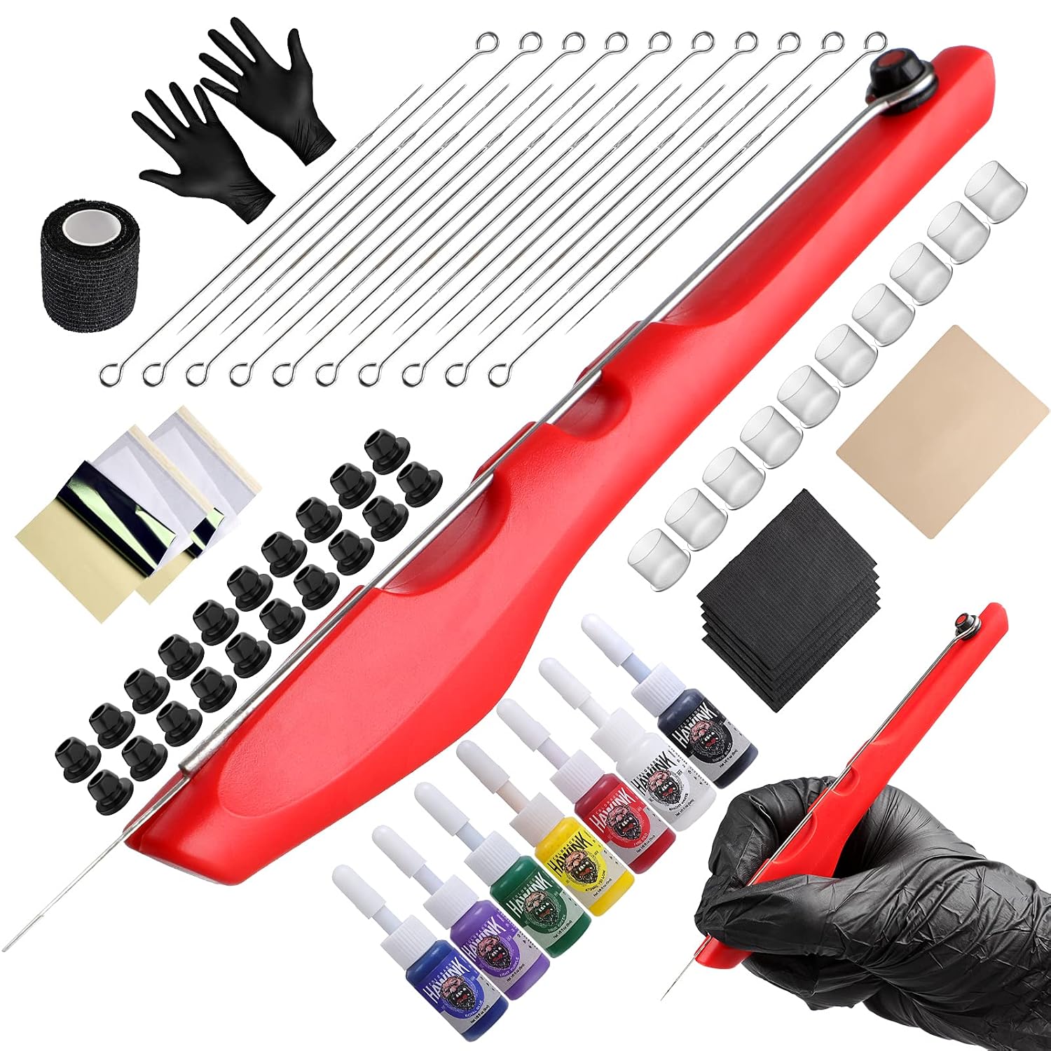 HAWINK Hand Tattoo Kit DIY Tattoo Tool Kit Kit with 7 Ink 20 PCS Needles for Tattoo Artists GK-HW803TN01-2