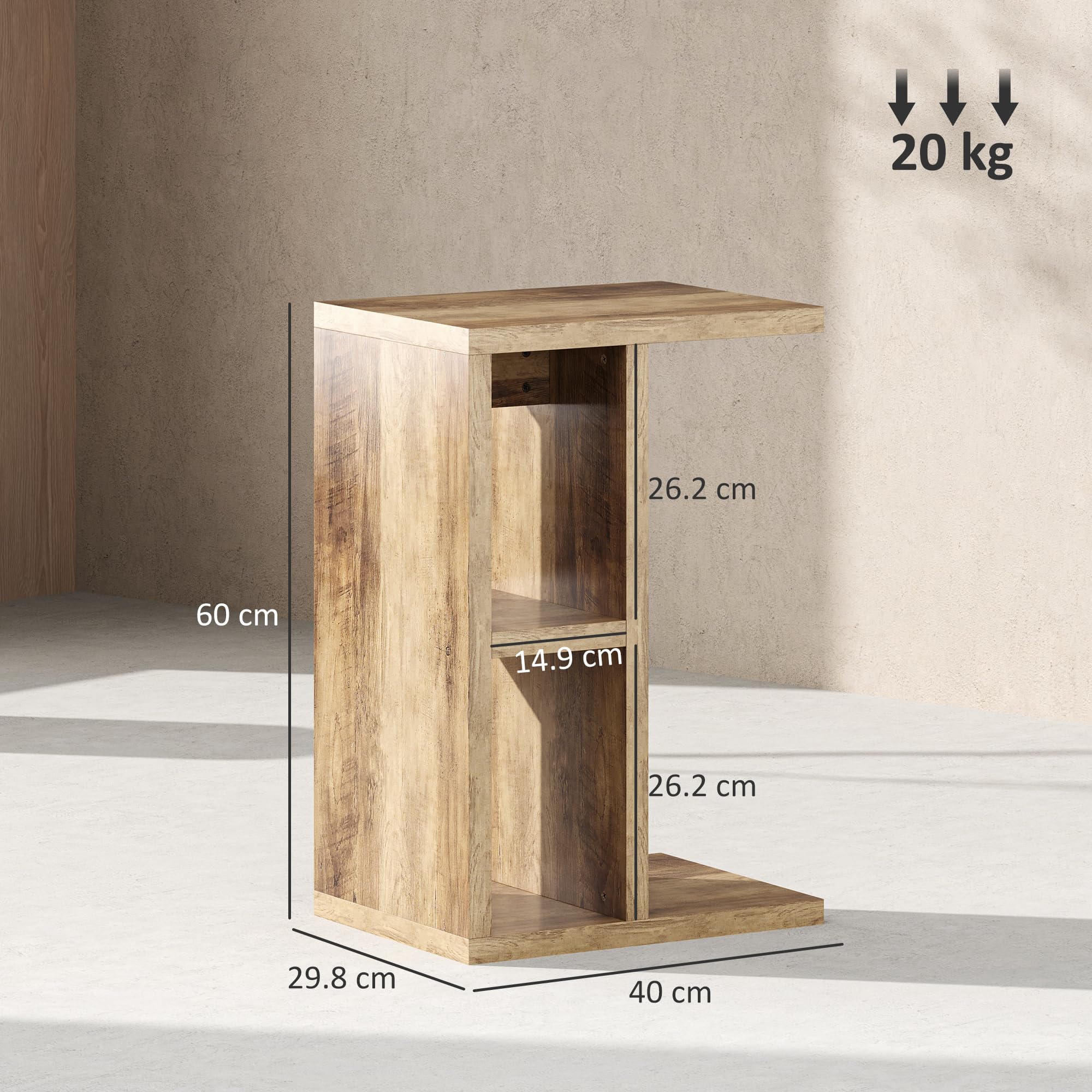 Tavolino A Forma Di C Con 3 Ripiani - Salvaspazio Per Salotto E Camera, Marrone, 40x29.8x60 Cm
