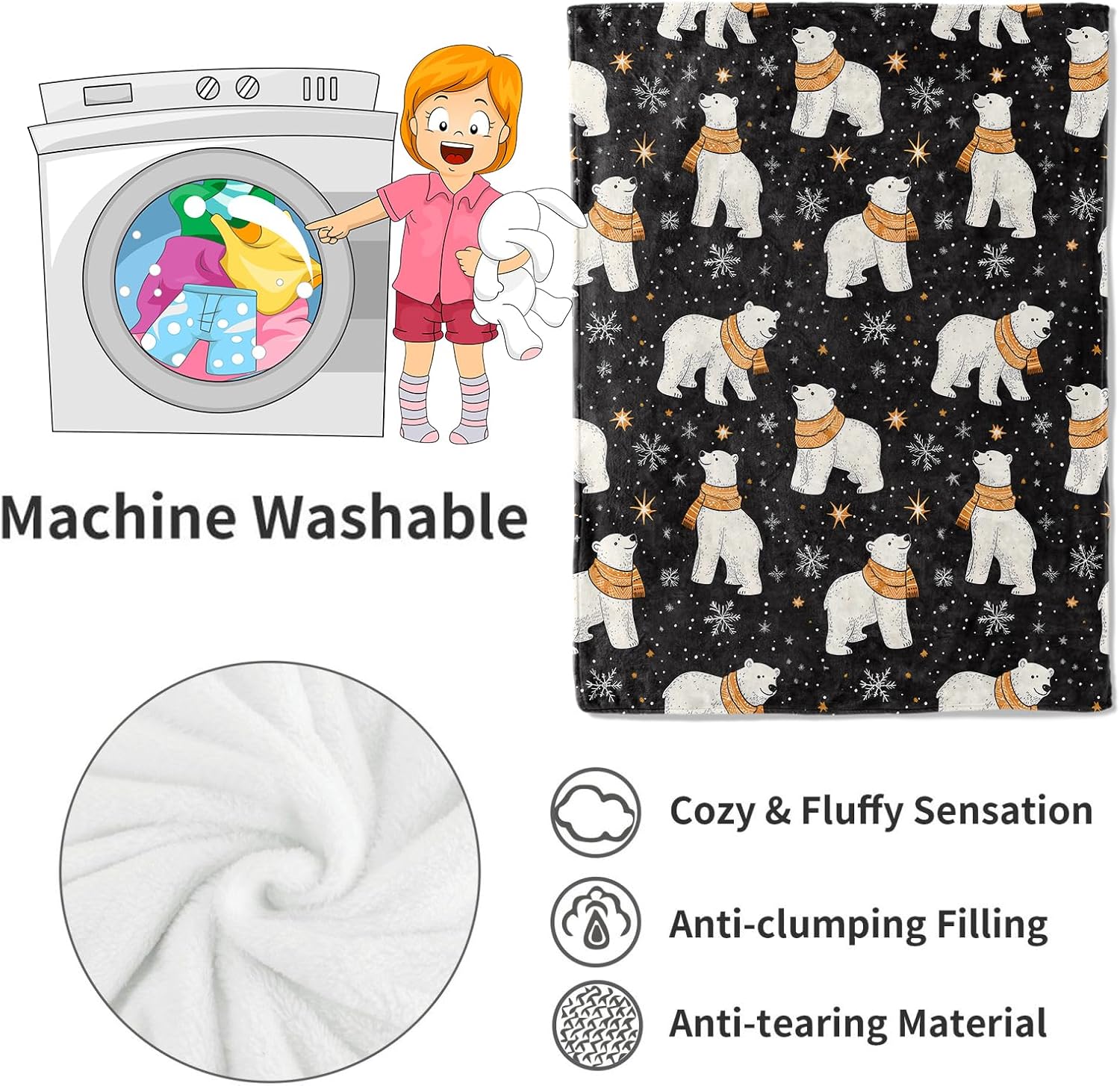 White Polar Bear Winter Blanket Peace on Earth Black Throw Blankets,Gifts for Kids Woman Adult & Animal Lover,Lightweight Soft Fleece,for Sofa Couch Bed Room Modern Holiday Decor 50x60in - Image 4