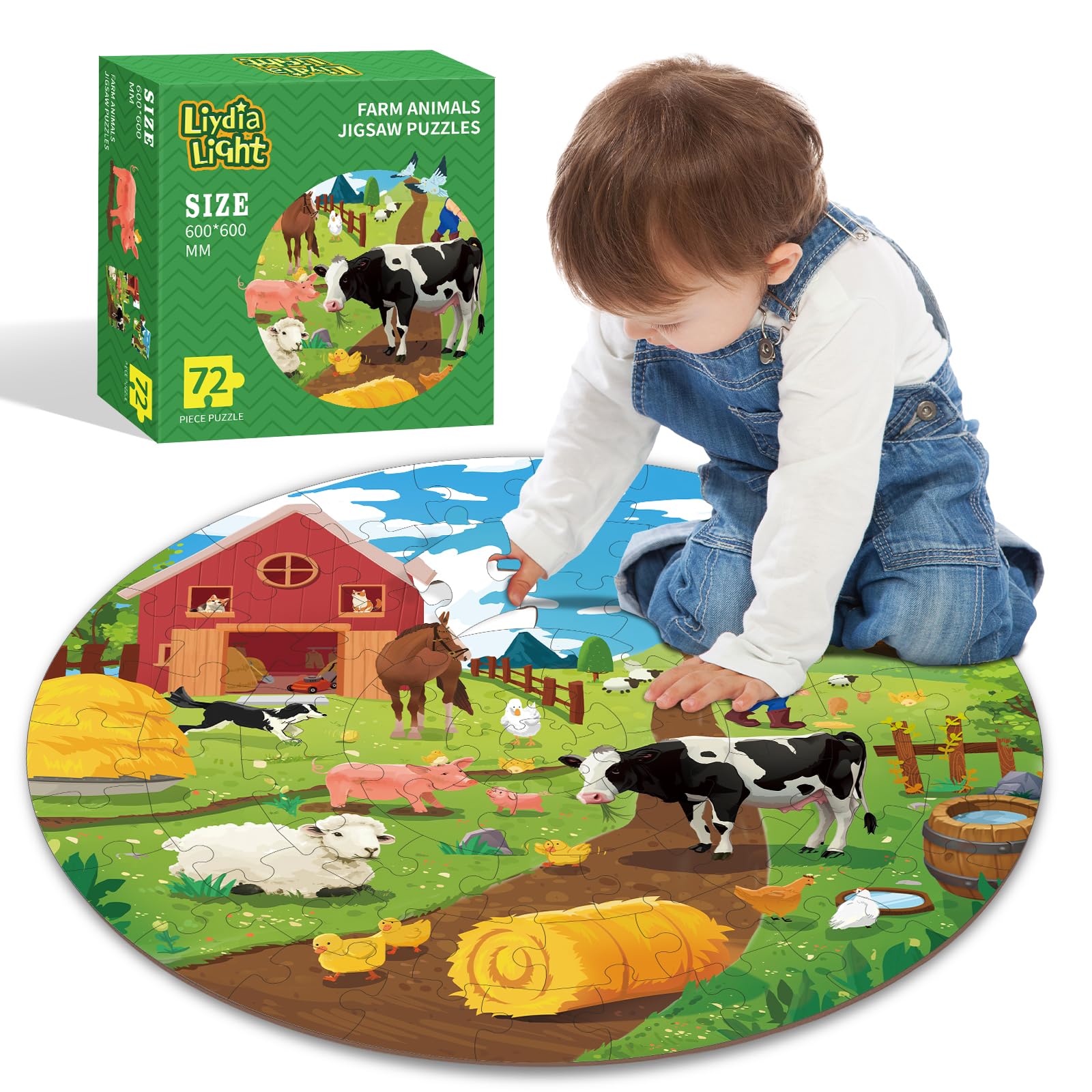 Farm Animals Round Jigsaw Puzzles,72 Piece Round Large Floor Puzzles for Toddler Ages 3-5,Children Learning Preschool Educational Toys,Birthday Gift for 4-8 Years Old Boy Girl