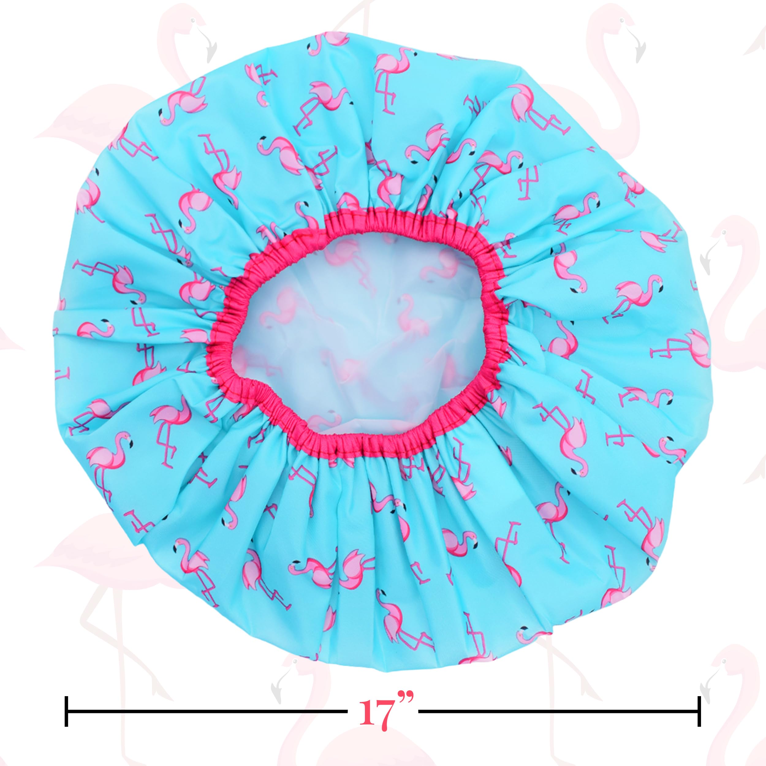 Reusable Shower Cap & Bath Cap & Lined, Oversized Waterproof Shower Caps Large Designed for all Hair Lengths with PEVA Lining & Elastic Band Stretch Hem Hair Hat - Fashionista Flamingo Party
