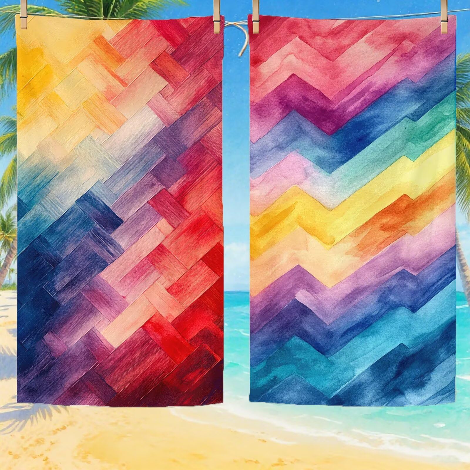 Telo Mare Microfibra, Telo Mare Grande 200x100 cm Set da 2, Antisabbia Asciugatura Rapida Assorbente Salvietta da Spiaggia Asciugamano per Palestra Piscina Viaggi Picnic, Regali Donna Geometria Q-674