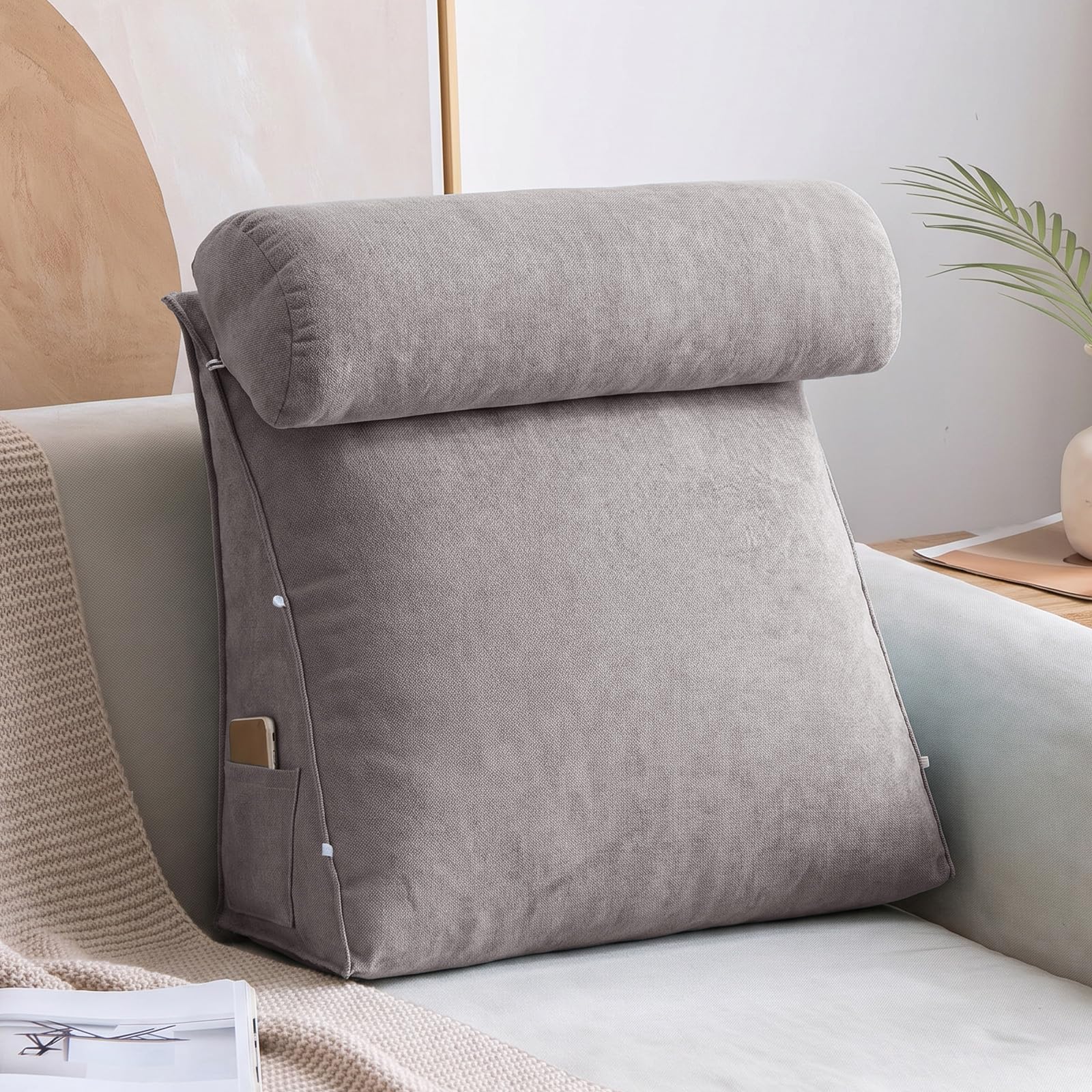 Cojín De Lectura para Cama Y Sofá, Respaldo para Cama Ergonómico En Cuña con Rodillo Regulable Y Bolsillos, Almohada De Soporte Lumbar para Leer Y Ver La TV,Smoke Gray,60X50X20CM