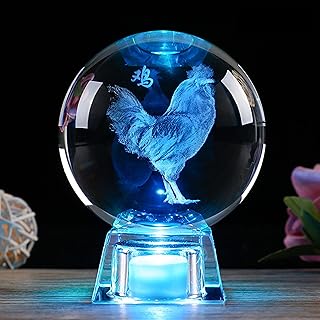 3Dクリスタルボール LEDライト付き 馬のデザイン 置物, インテリア装飾品, グリーンLED照明 (鸡)