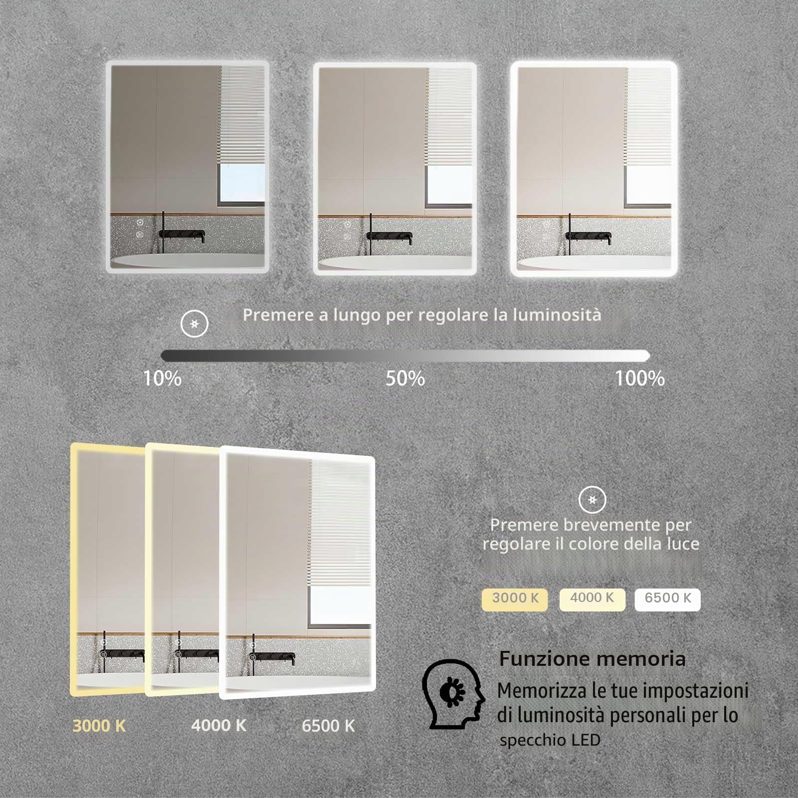 SaniteModar Specchio Bagno LED 70x90 cm | Luminosità regolabile, luce tre colori, antiappannamento, IP44, installazione verticale/orizzontale.