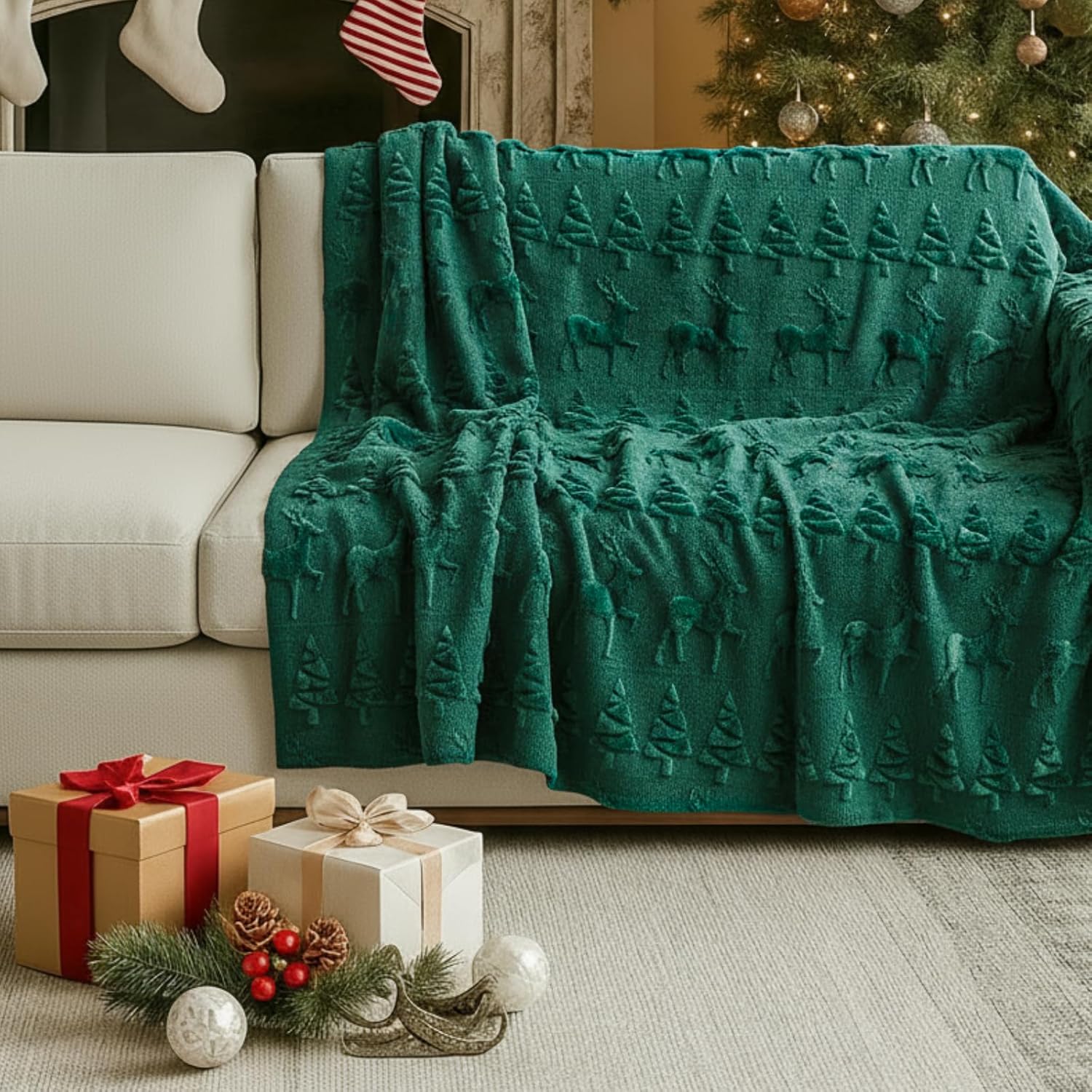 Tegeme Christmas Throw Blanket Green 3D Xmas Reindeer Throw Blanket 50" x 60" Winter Christmas Holidays Dutch Velvet Faux Rabbit Fur Decorations Cozy Soft Lightweight Gift for Home Living Room Sofa - Image 4