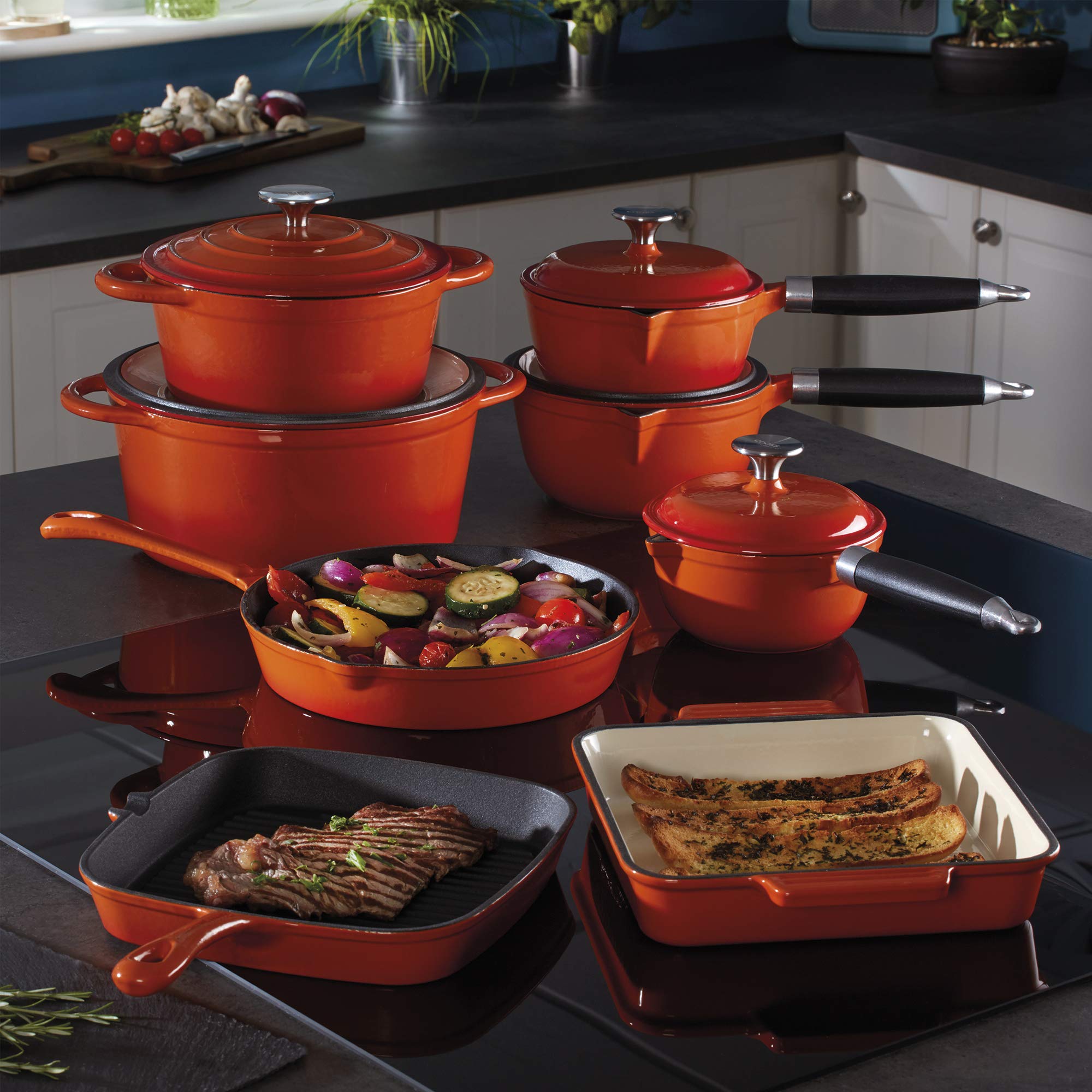 Deluxe Cast Iron Heavy Gauge Cookware Complete 8 Piece Cooking Set by