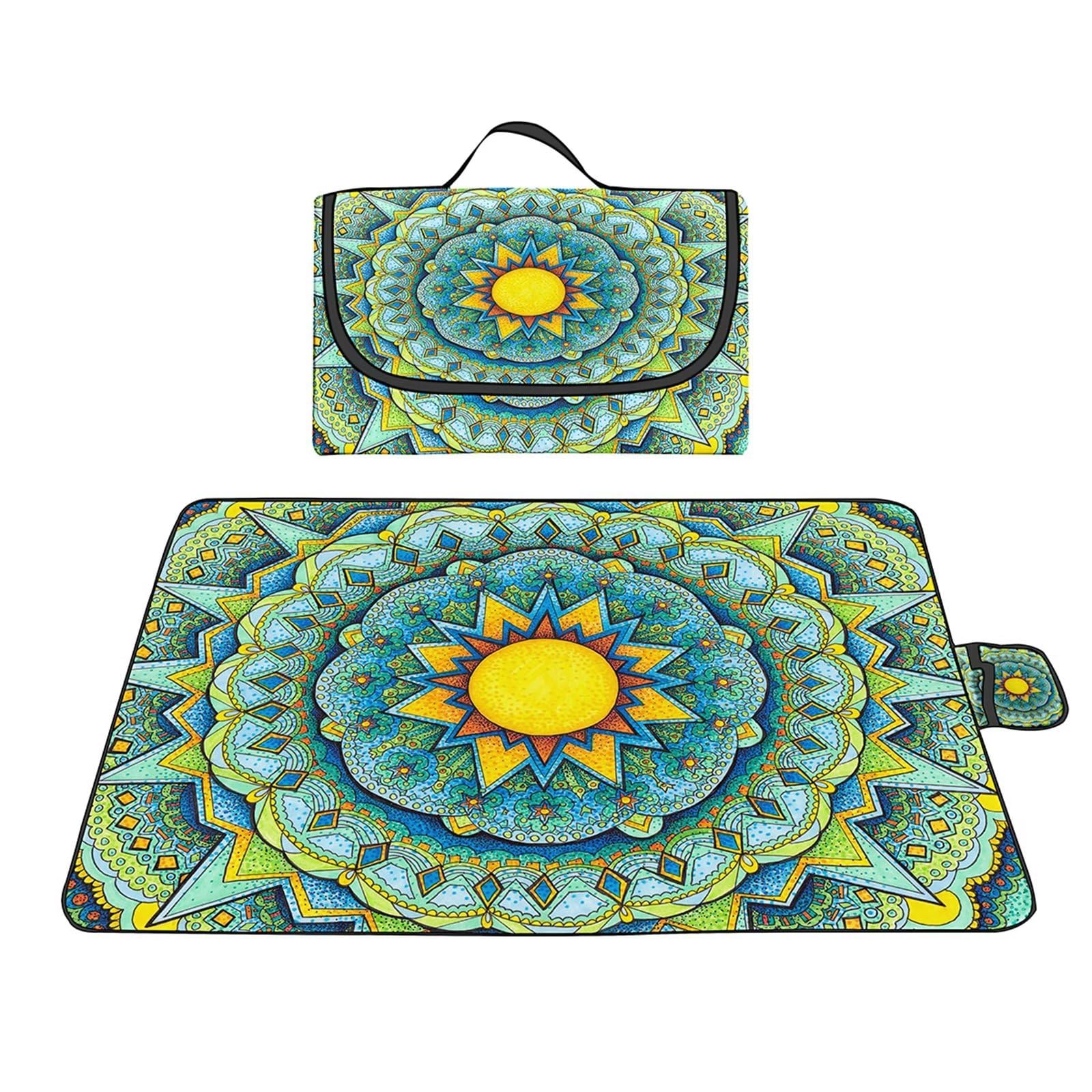 Manta de Picnic al Aire Libre, 150x200cm Alfombras de Playa, Mantas para pícnic Impermeable Prueba Arena Manta de Playa Plegable Portátil para Aire Libre Jardín Acampar Mantas Pícnic Mandala Amarillo