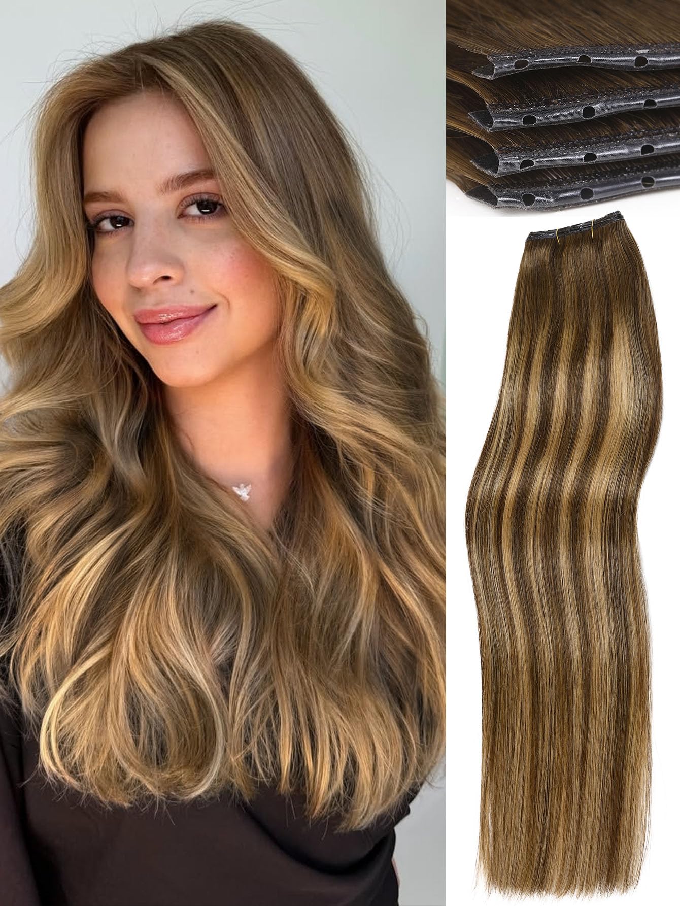 WIGNEE Butterfly Invisible OVO Weft Hair Extensions Human Hair Glueless 18 Inch 100% Real Remy Human Hair Extensions T4/27 Highlight Honey Blonde Hair