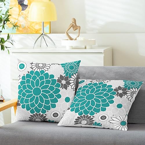 Miniatura 2 de CaliTime Juego de 2 fundas de almohada decorativas de forro polar con flores florecientes de dalia floral para sofá, cama, sofá, decoración de casa