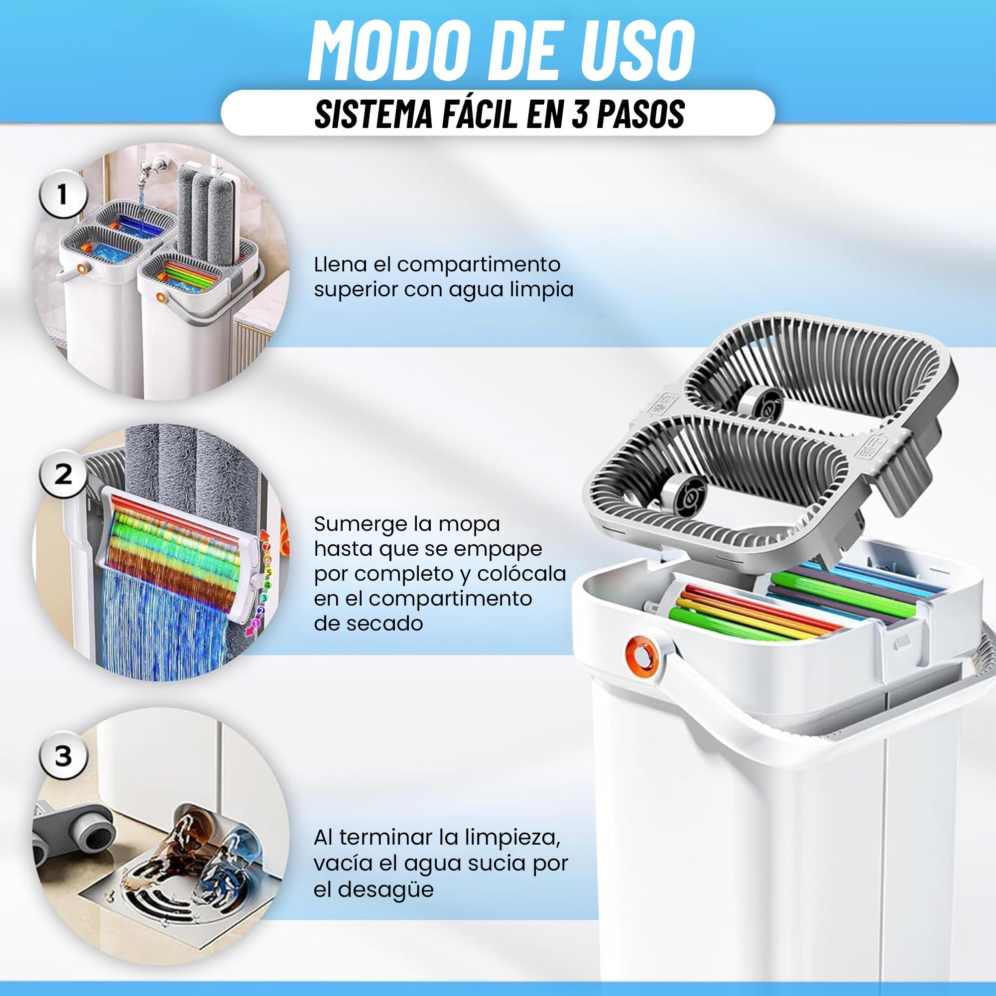 Mopas de Limpieza Suelos con Cabezal XL 360°, Mopa para Limpiar Azulejos y Paredes, Fregona Autoescurrible, Cubo Escurridor Doble Compartimento, Mopa Microfibra Antideslizante