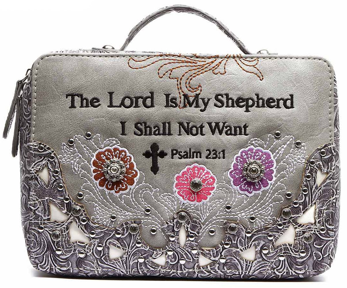 Embroidery Scripture Bible Verse Psalm 23:1 Western Country Bible Cover Handle Books Case Cross Purse (Black)
