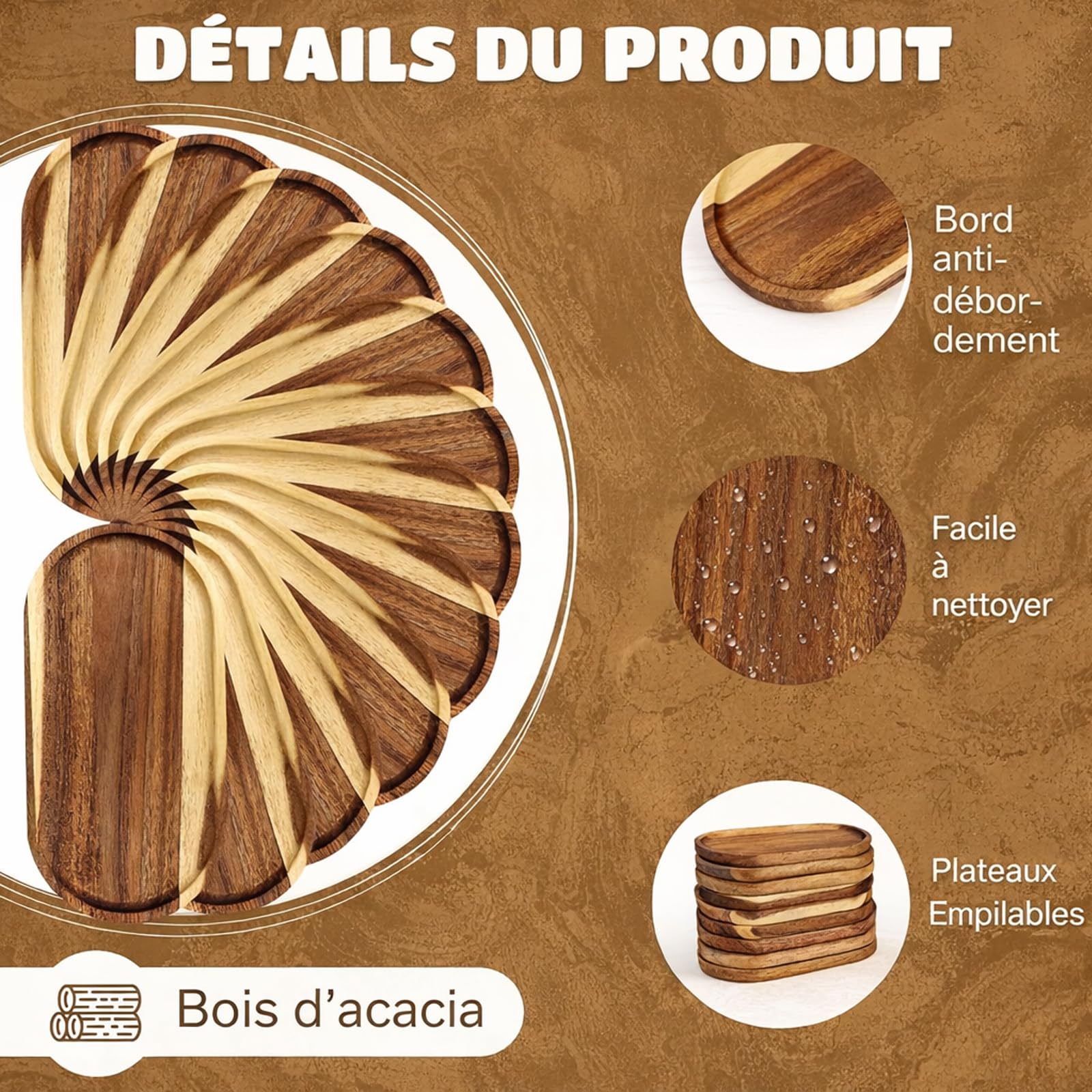 Lot de 12 Plateaux de Service Ovales en Bois d'Acacia, 25 x 12,5 x 2 cm | Planches de Présentation pour Charcuterie, Fromage, Tapas, Café, Apéritif, Buffet, Restaurant, Maison et Réceptions