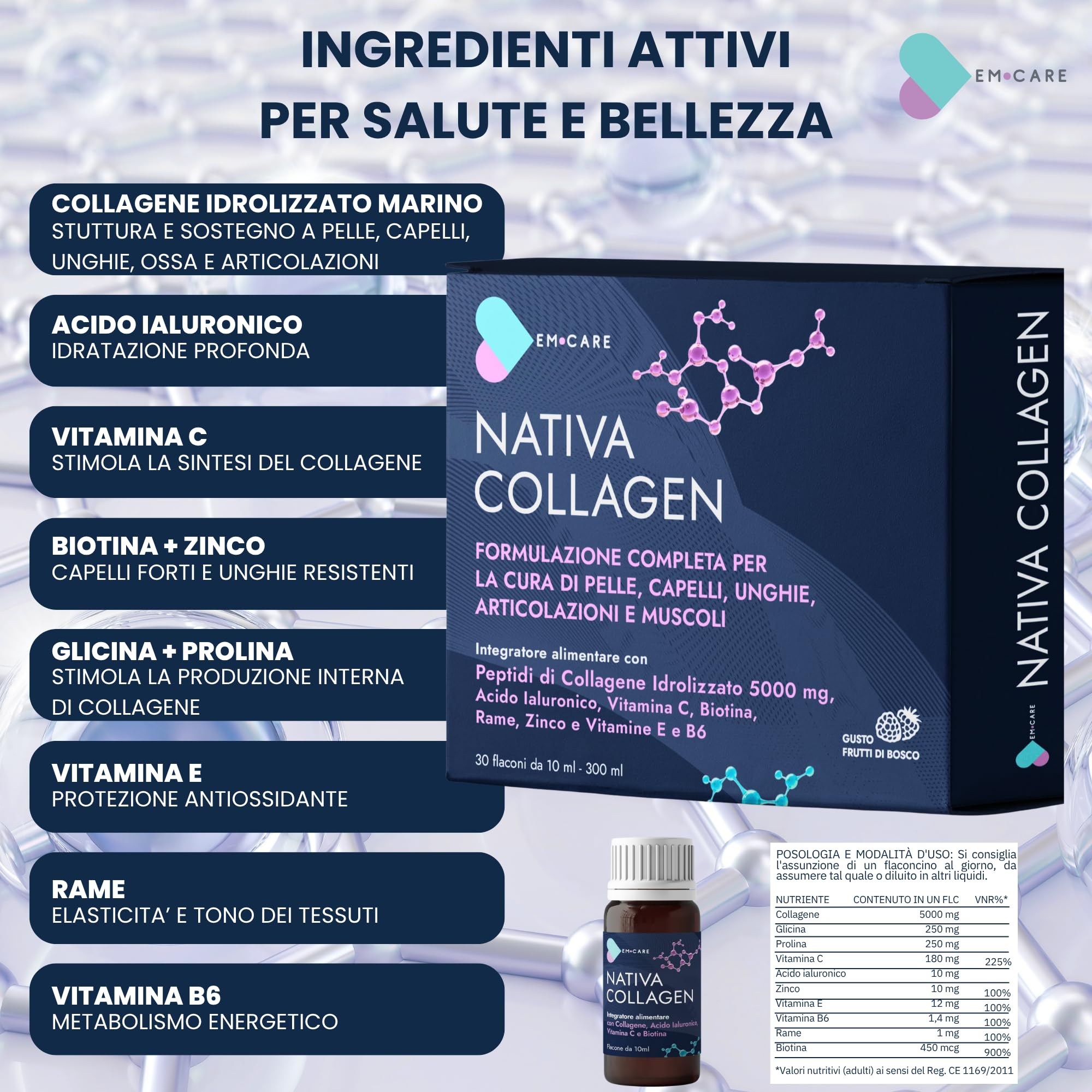 EM CARE Collagene da Bere - Collagene Marino Idrolizzato con Acido Ialuronico, Vitamina C, Biotina e Zinco - 30 Flaconi - Integratore per Pelle, Capelli, Unghie e Articolazioni