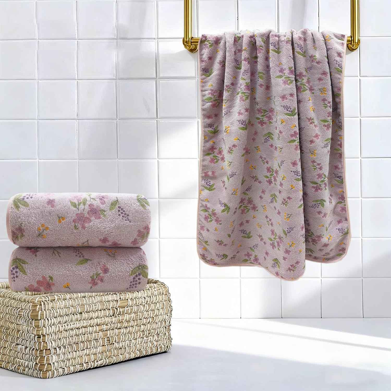 Purple Floral Pattern Towels Set Highly Absorbent Fleece Velvet Bath Towels Classical Floral Print Bathroom Towels Soft Decorative Washcloth for Kitchen Shower Spa Home, Purple