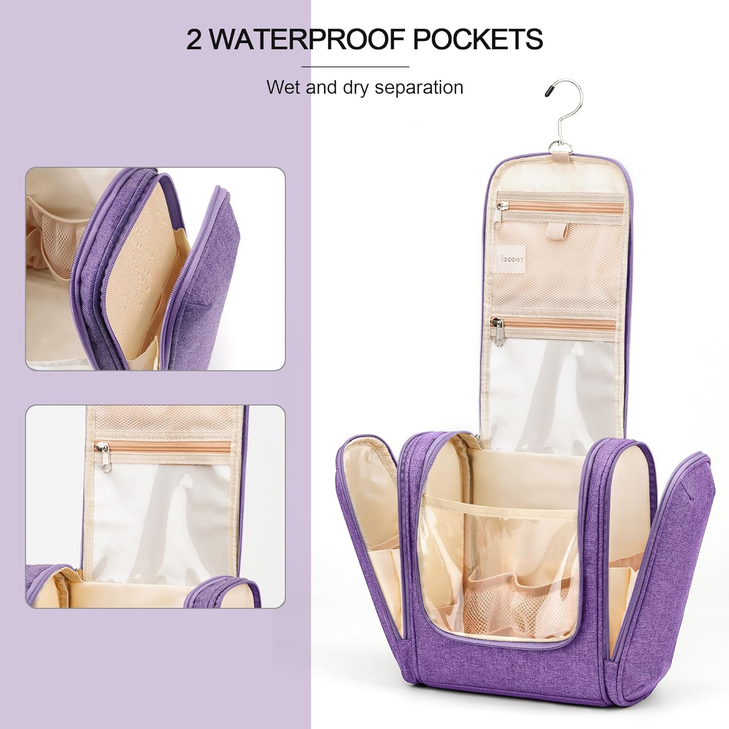 Travel Hanging Toiletry Bag for Women and Men, 6 Organizer Compartments, Holds Full Size Bottles, Extra Large Cosmetic Accessories, Makeup essentials, Bathroom Water-resistant Toiletries Bag, Purple - Image 8