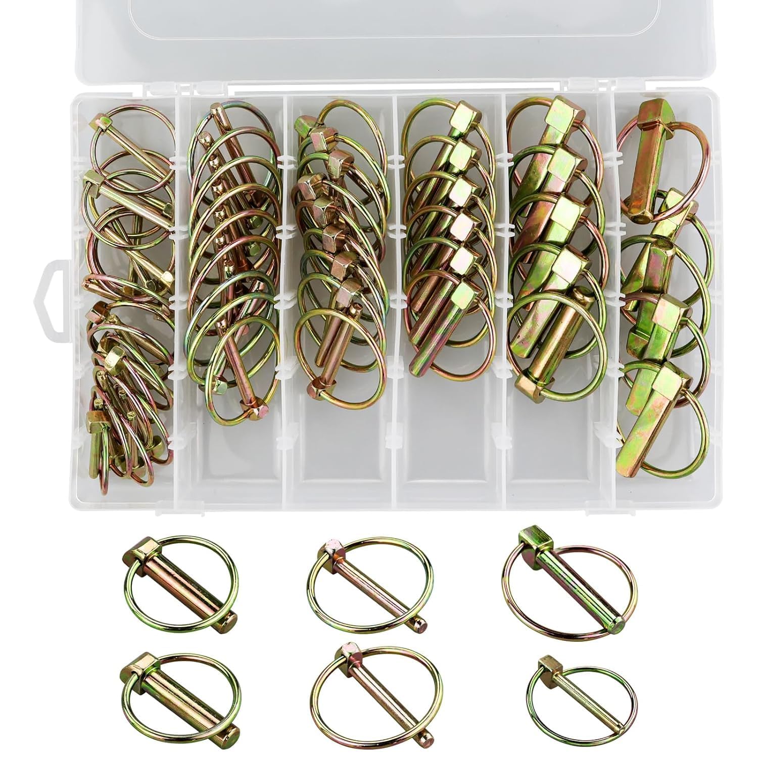 50 pièces Goupille de lynch avec anneau pour remorque de tracteur agricole，Assortiment de goupilles clips rond sécurité 4.5-6-8-11 mm Acier Galvanisé