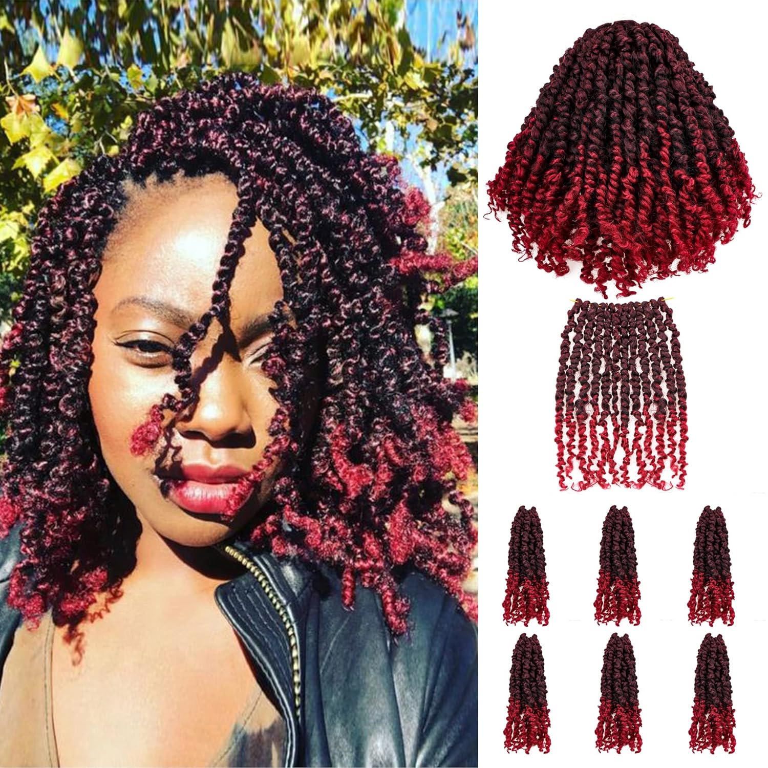 Super Short Passion Twist Crochet Hair for Black Women and Kids-6 Inch 7 Packs Ombre Burgundy Pre Looped Pre-twisted Passion Twist Hair,Bob Spring Kinky Twist Bohemian Curl(6"-7P,TBUG) - Image 8