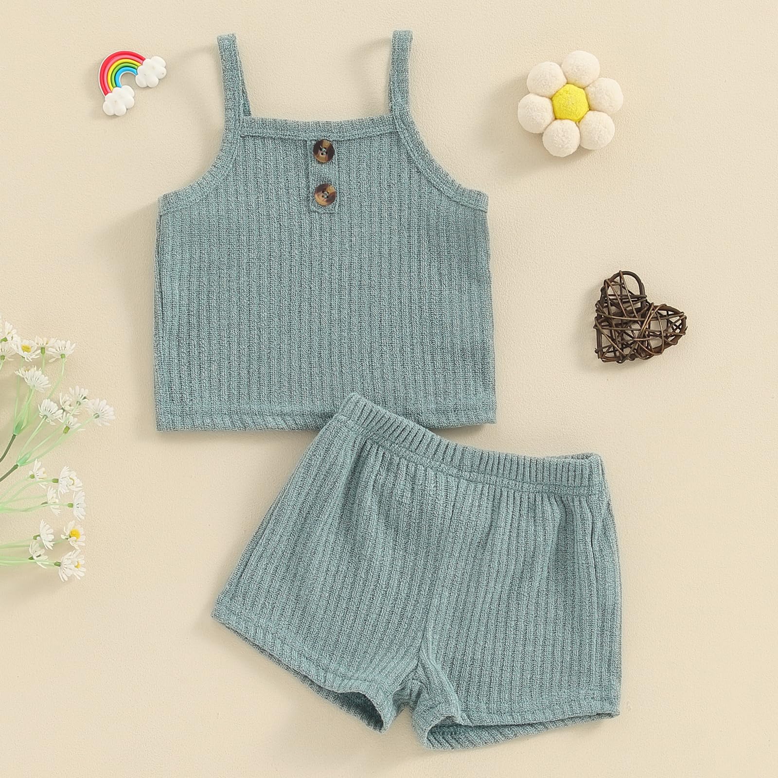 Toddler Baby Girl Summer Clothes Ribbed Sleeveless Button Front Cami Tops and Shorts Infant Outfits Set (A Green, 18-24 Months)