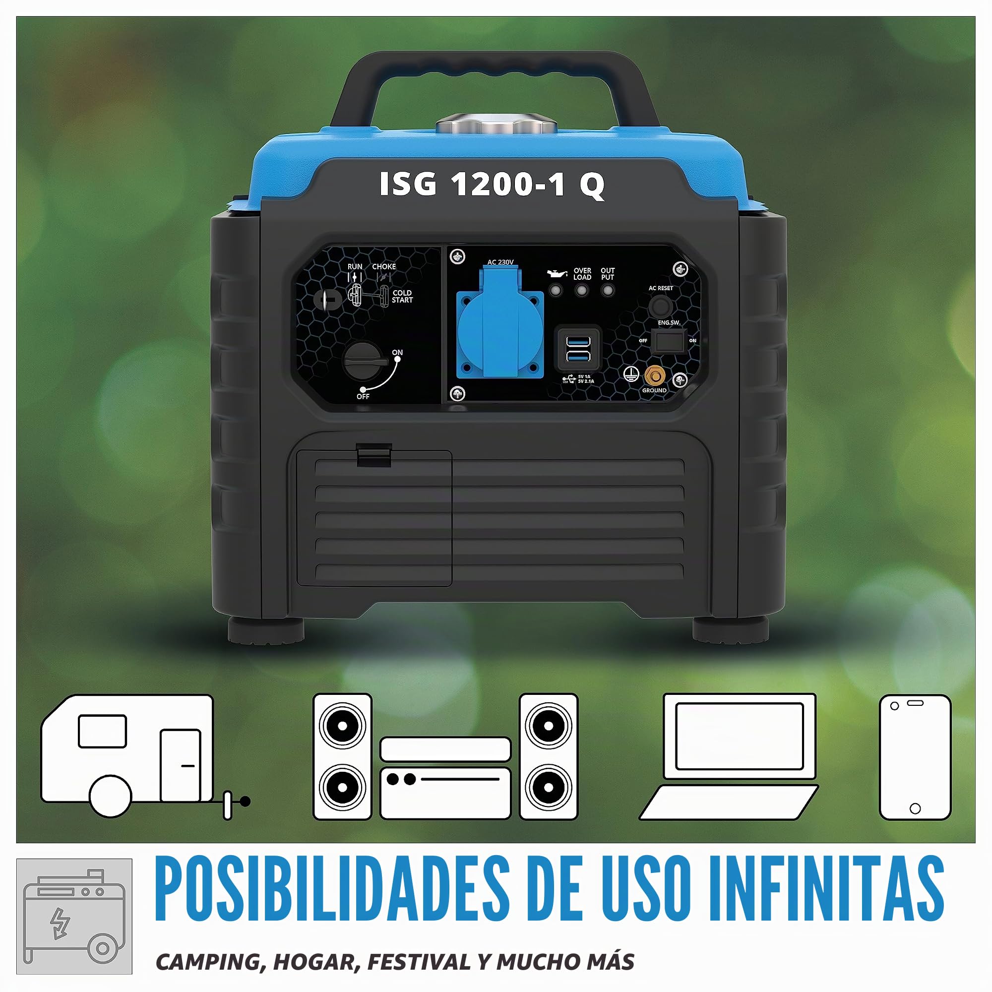 Güde Generador de corriente inverter ISG 1200-1 Q (motor de 4 tiempos, gasolina, 1,3/1,76 kW/CV, 1 x 230 V, 2 x USB, máx. 1200 W, autonomía hasta 6 h, depósito de 3 L, protección contra sobrecargas,