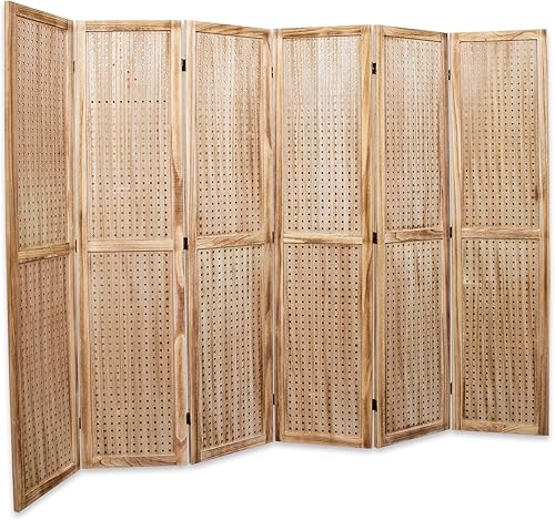 Divisor de habitación con tablero de clavijas de 96 pulgadas de ancho, para organizar la pared, 6 paneles, pantalla de madera plegable, portátil,