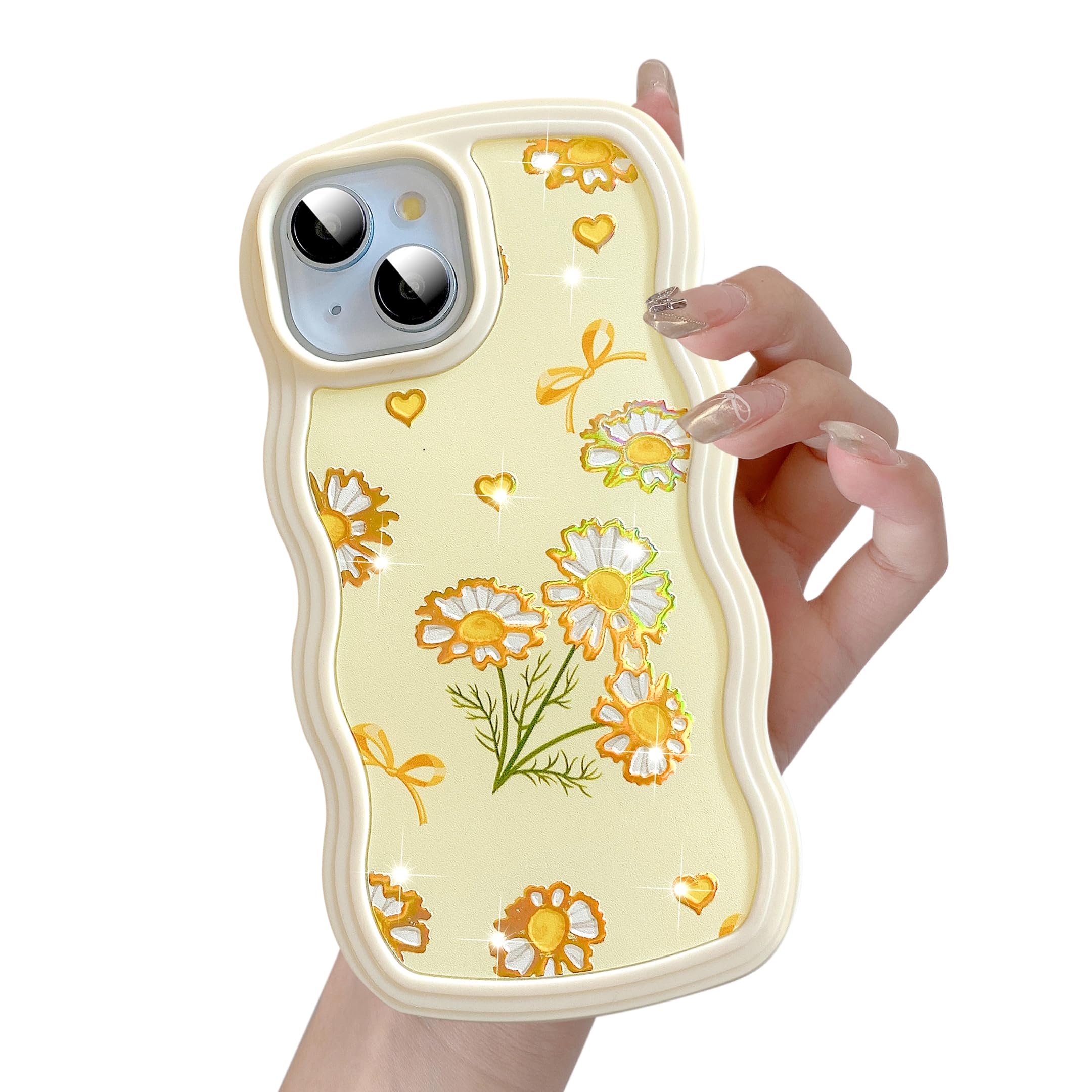 UEEBAI for iPhone 15 Plus & 14 Plus Case, 6.7" Floral Wave Frame Cute Curly Flower Case with Aesthetic Pattern