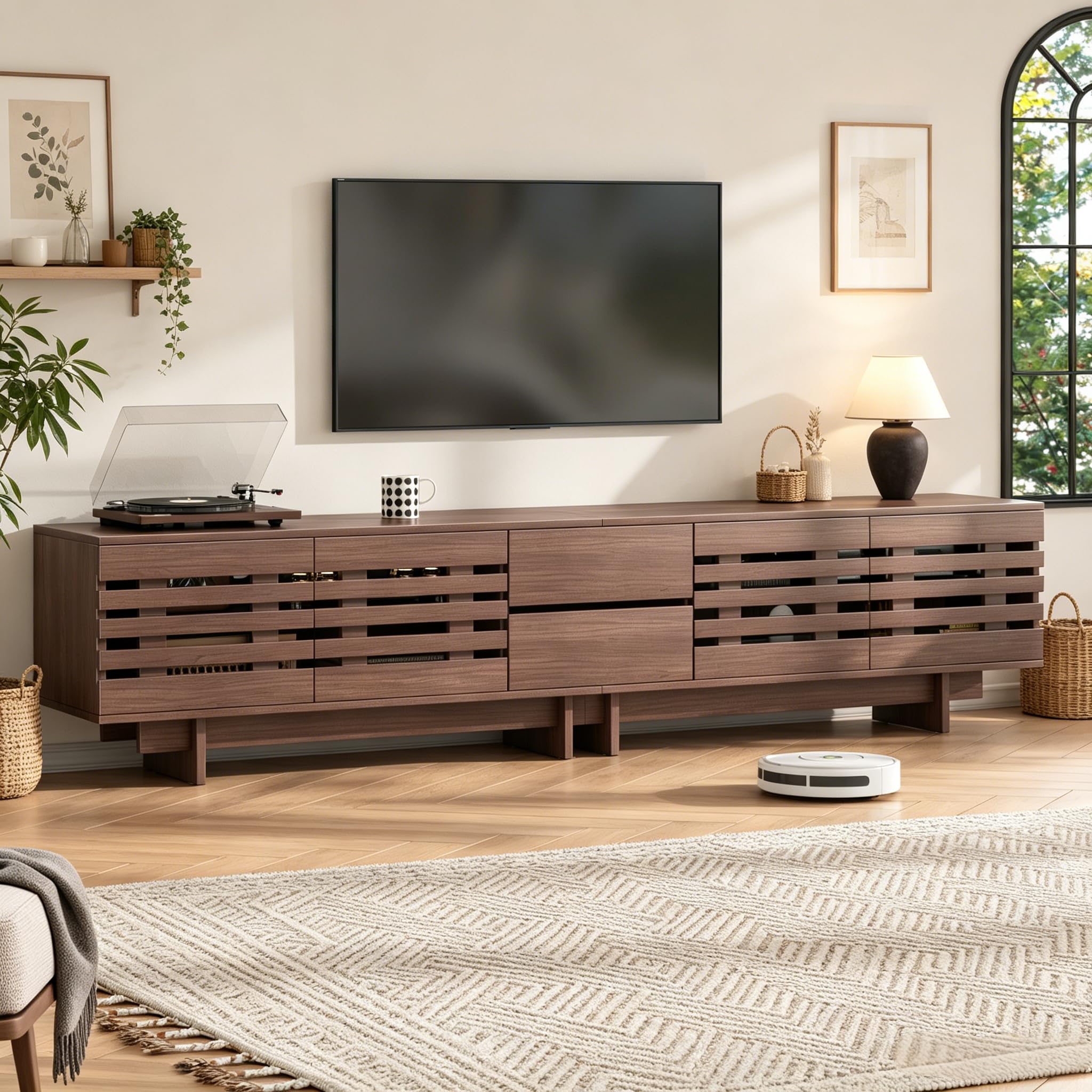 Armario para TV de 200 cm hasta 80 pulgadas, color nogal | 2 cajones, mueble bajo para TV de pie, con 6 compartimentos de almacenamiento, gestión de cables