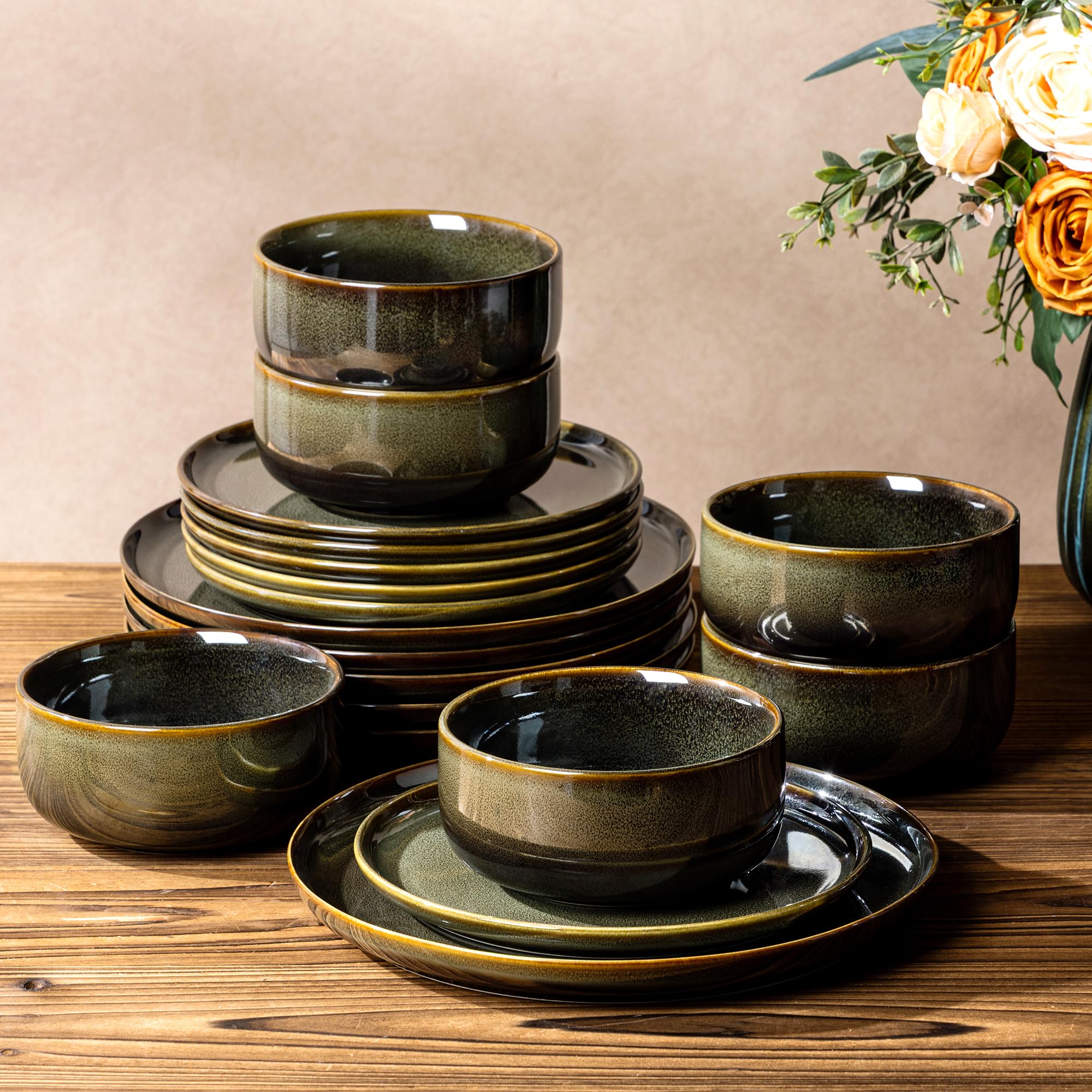 TheTerra Ceramic Dinnerware Set for 6, 18-Piece Plates and Bowls Set | Handmade Reactive Glaze Dish Set, Scratch Resistant, Oven &amp; Microwave &amp; Dishwasher Safe, Olive Green