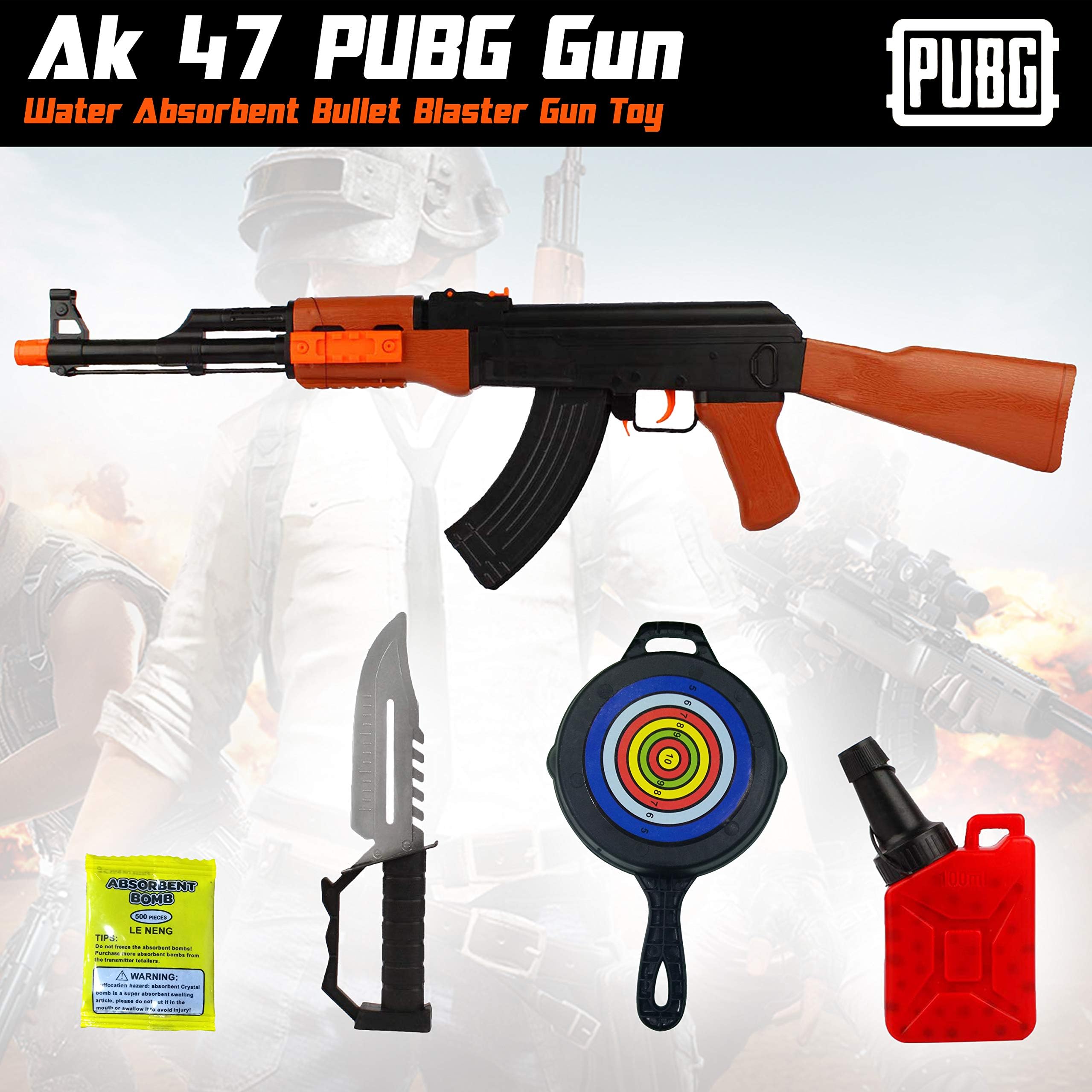 AK 47 PUBG Theme Toy Gun Set with 1000+ Soft Crystal Water Absorbent Bullet with Knife Blaster Target Shooting Role Play Game for Kids